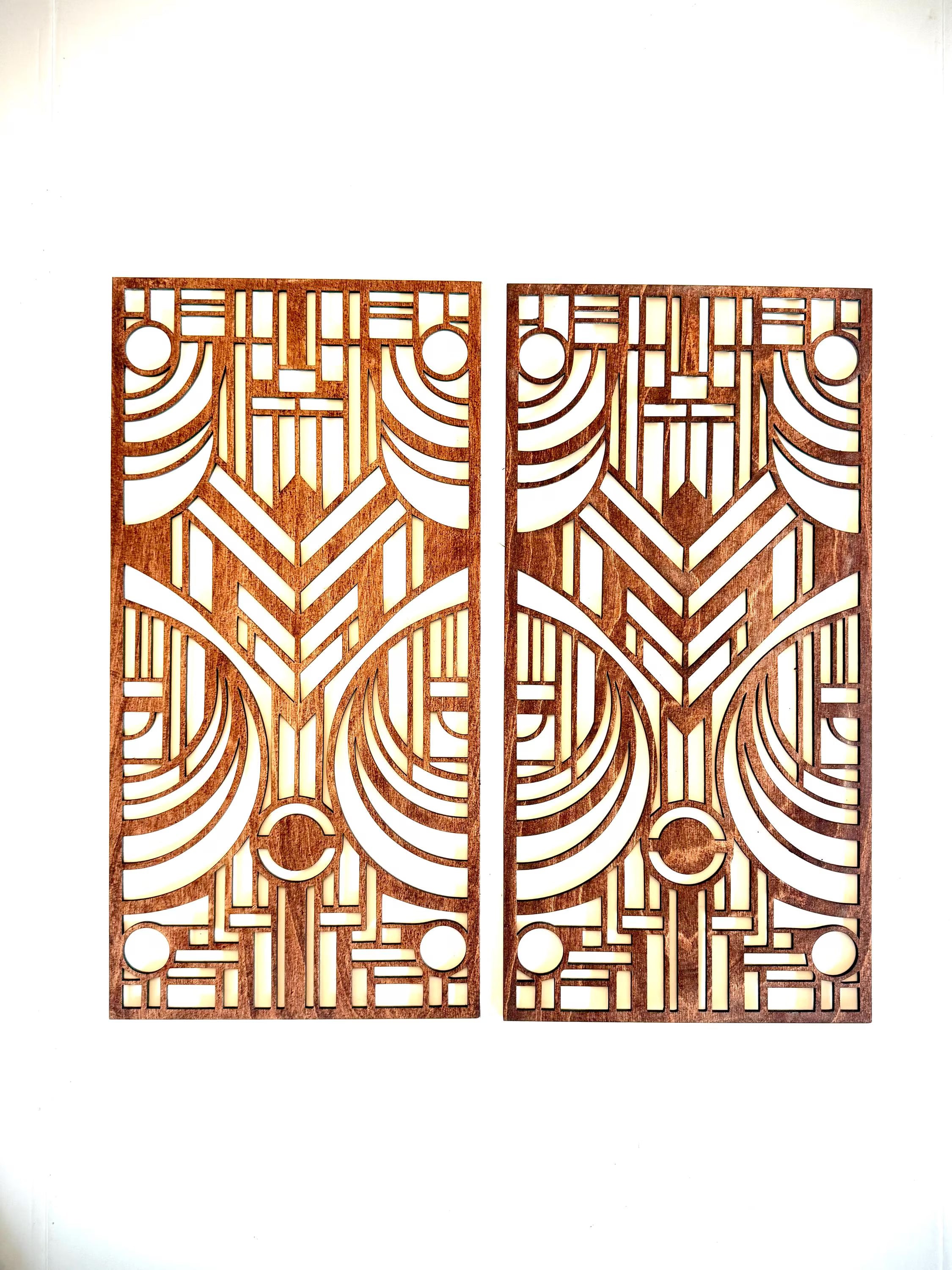 Boho Modern Frank Lloyd Wright-Inspired Art Deco Geometry 2-Panel Wood Wall Art, Set AA