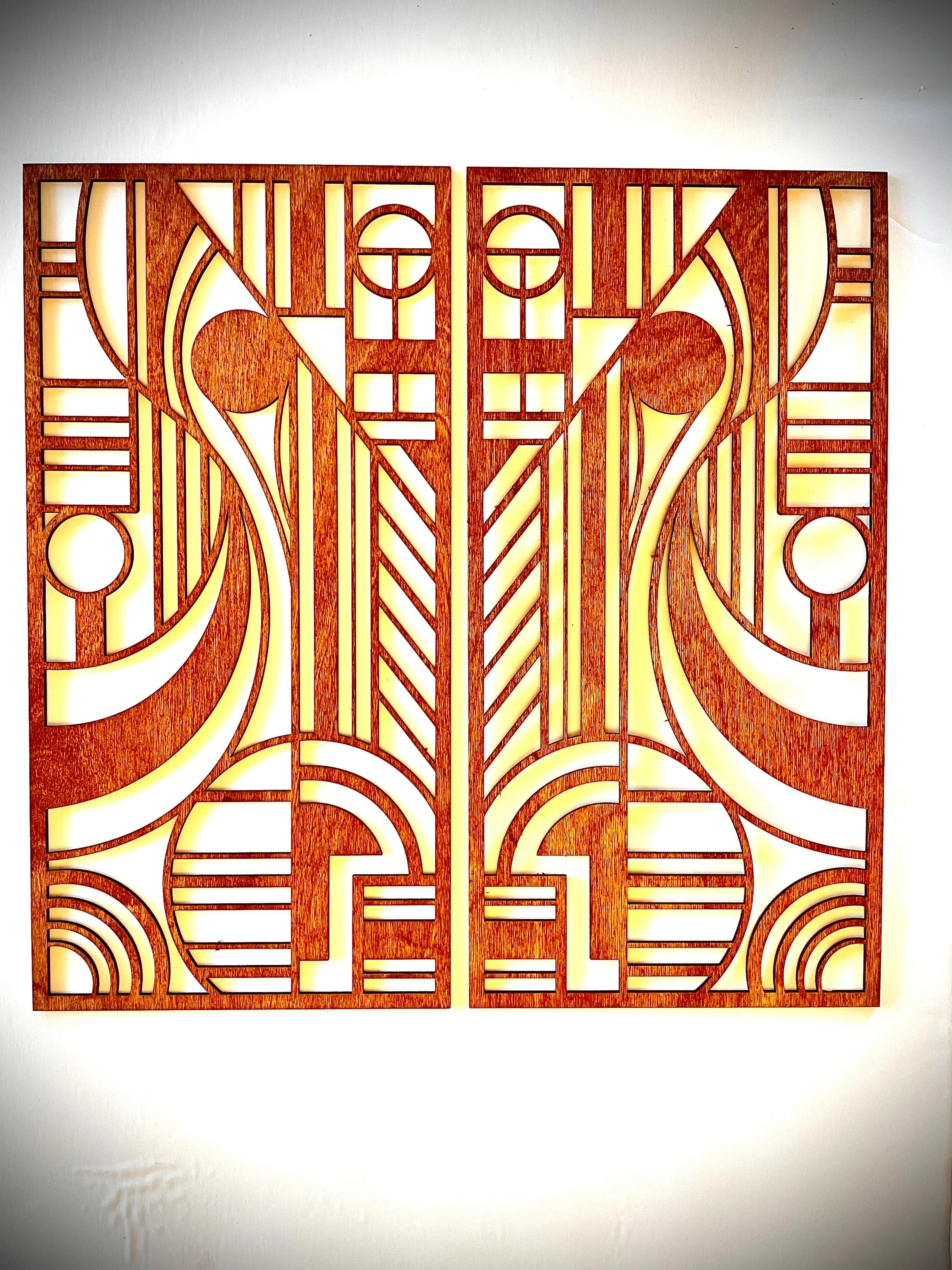 Boho Modern Frank Lloyd Wright-Inspired Art Deco Geometry 2-Panel Wood Wall Art