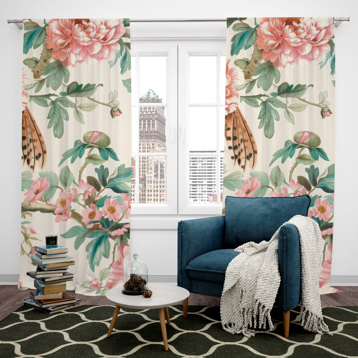 Chinoiserie Window Curtains Floral Pink Cream Green Blackout Window Curtains (1 Piece) - Mid Century Modern Gal