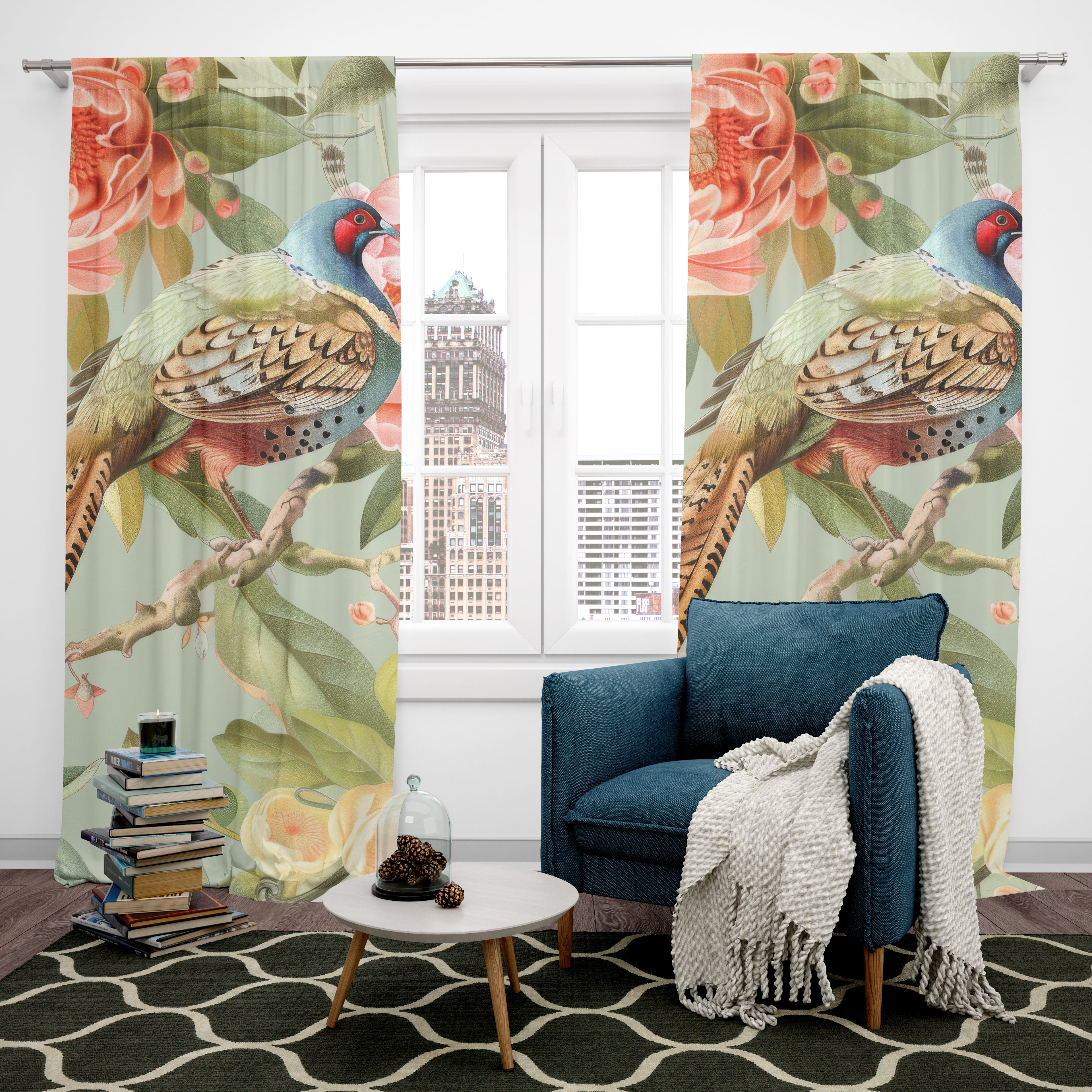 Chinoiserie Window Curtain Elegant Floral Pheasant Bird Window Curtain - 1 Piece, Boho Home Decor - Mid Century Modern Gal