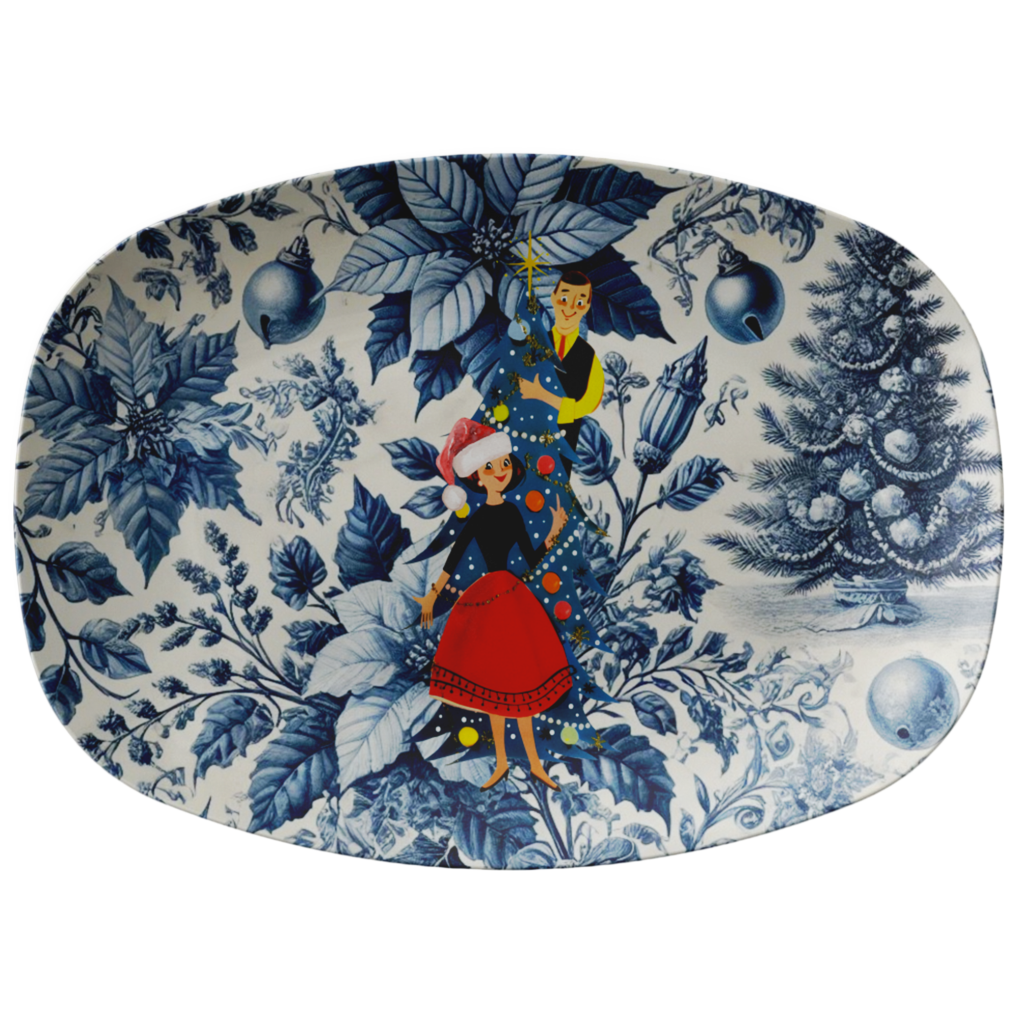Chrisrmas Blue And White Toile Kitschy Mod 50s Couple Vintage Inspired Holiday Christmas Party Platter - Mid Century Modern Gal