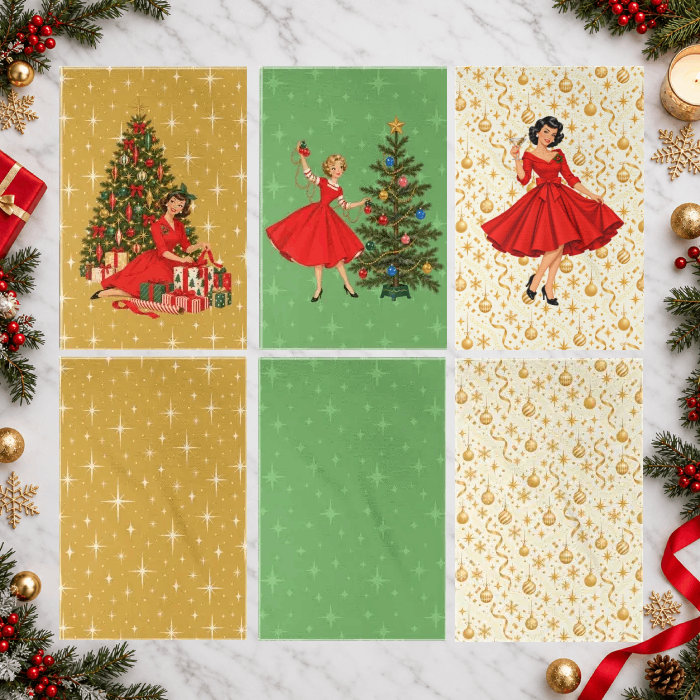 Mid Century Modern Christmas Glamour Gal Hand Towels 6 pcs - Mid Century Modern Gal