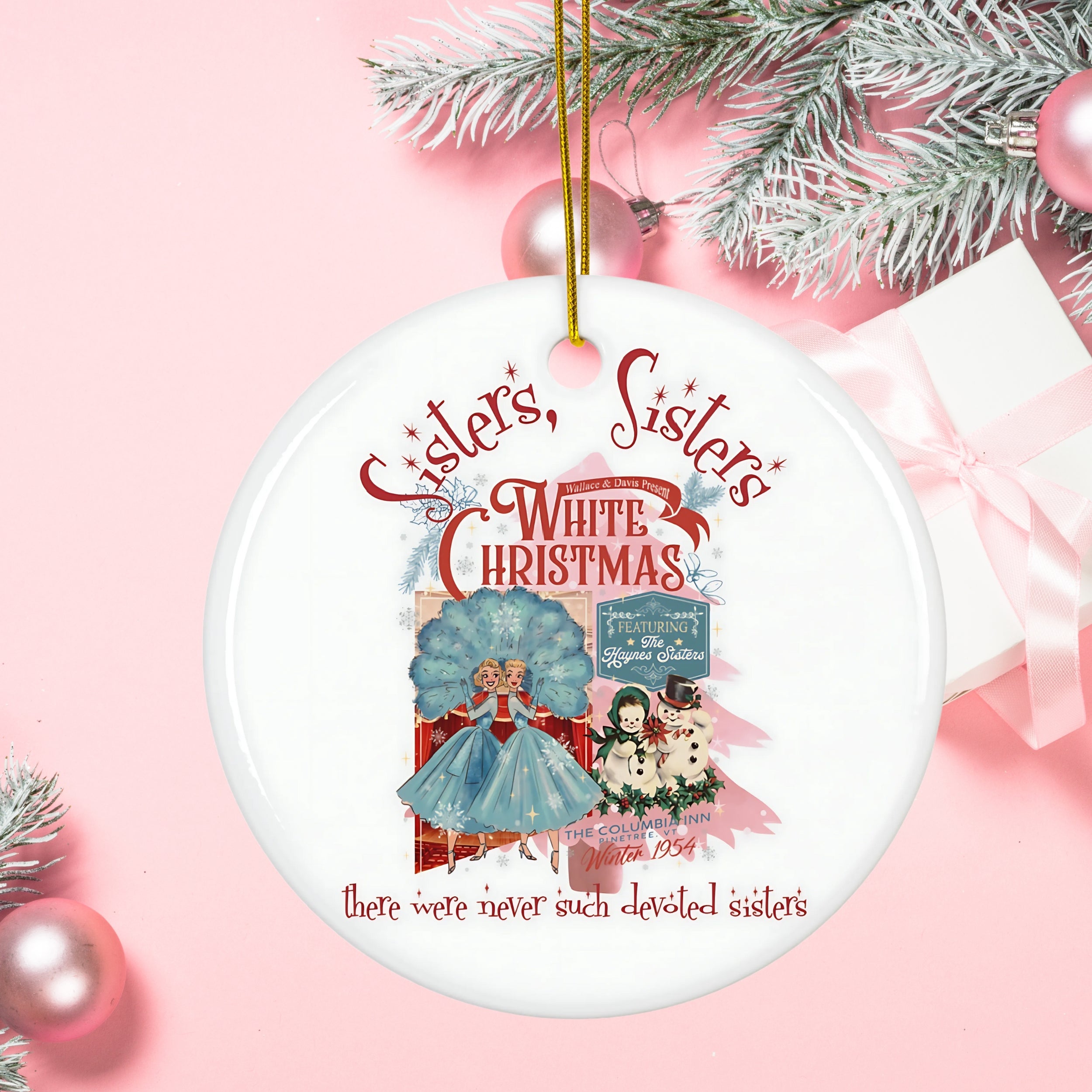 Sister Sister Christmas Ceramic Ornament, Holiday Decor, Gift for Sisters, Family Keepsake, White Christmas Decoration, Festive Ornament - Mid Century Modern Gal