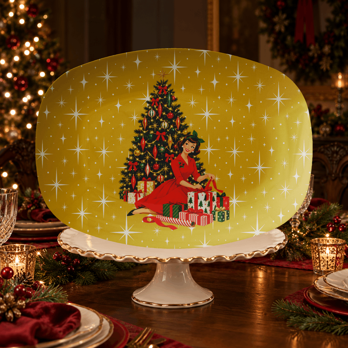 Mid Century Modern Christmas Glamour Gal Wrapping Presents by Tree, Gold Atomic Starbursts Party Platter