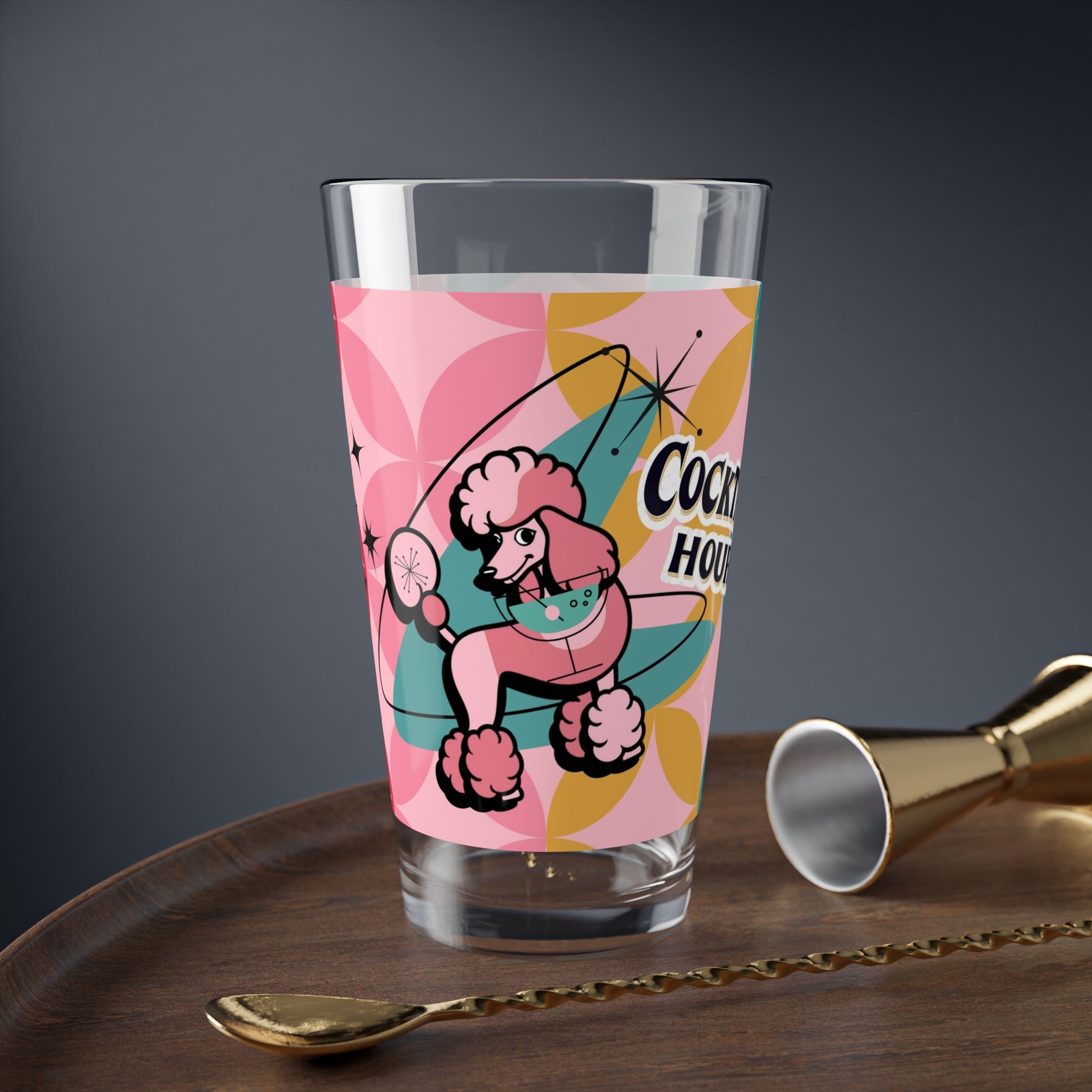 Atomic Cocktail Hour, Mid Mod Pink Poodle Retro Cocktail Mixing Glass - 16oz with Poodle Design - Mid Century Modern Gal