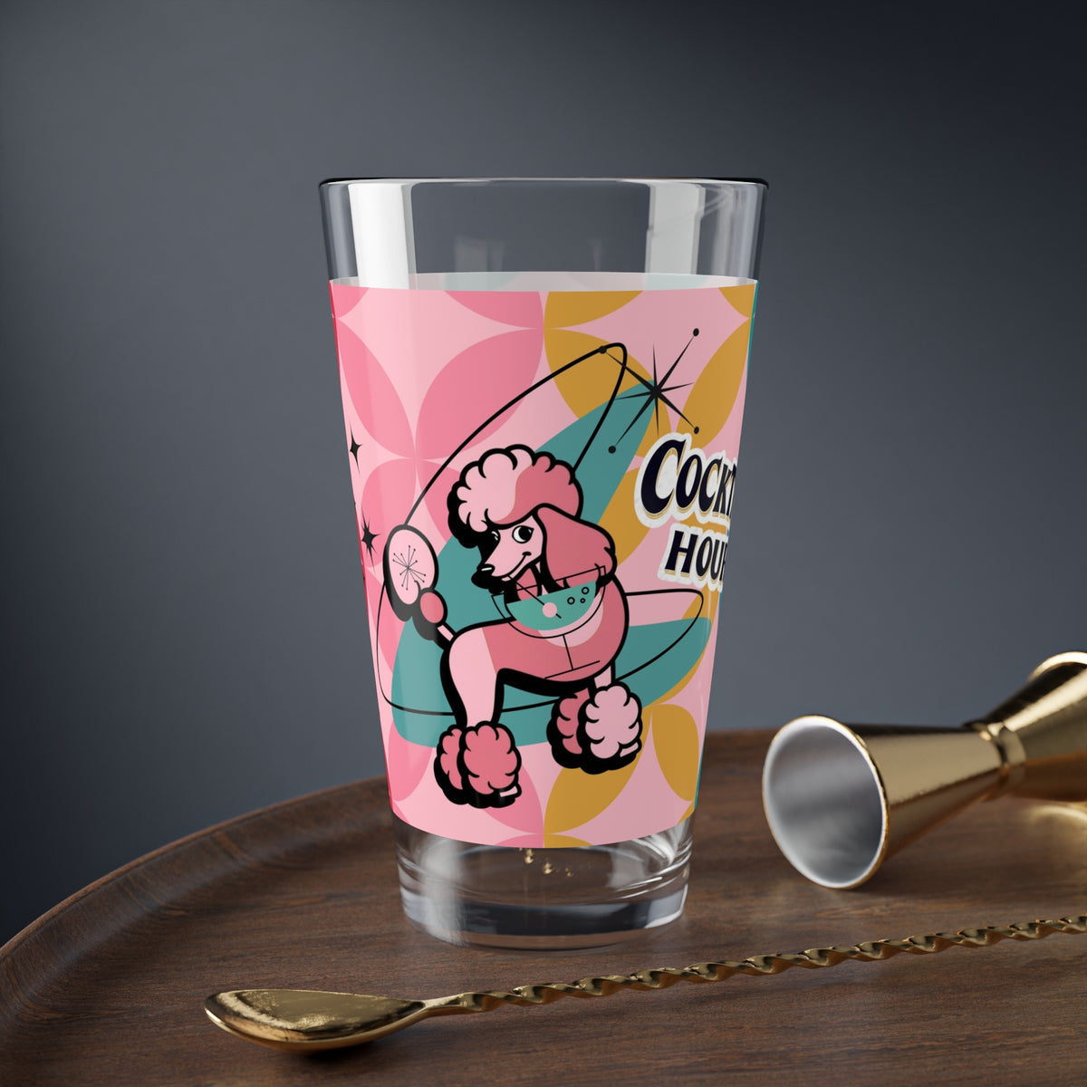 Atomic Cocktail Hour, Mid Mod Pink Poodle Retro Cocktail Mixing Glass - 16oz with Poodle Design - Mid Century Modern Gal