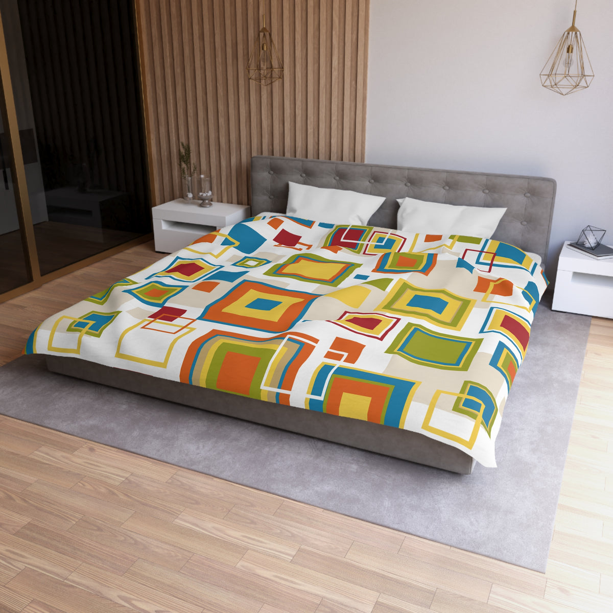 Mid Century Modern Bedding Abstract Geo Pattern Retro Blue, Orange, Green, Yellow, Beige MCM Designs Duvet Covers - Mid Century Modern Gal