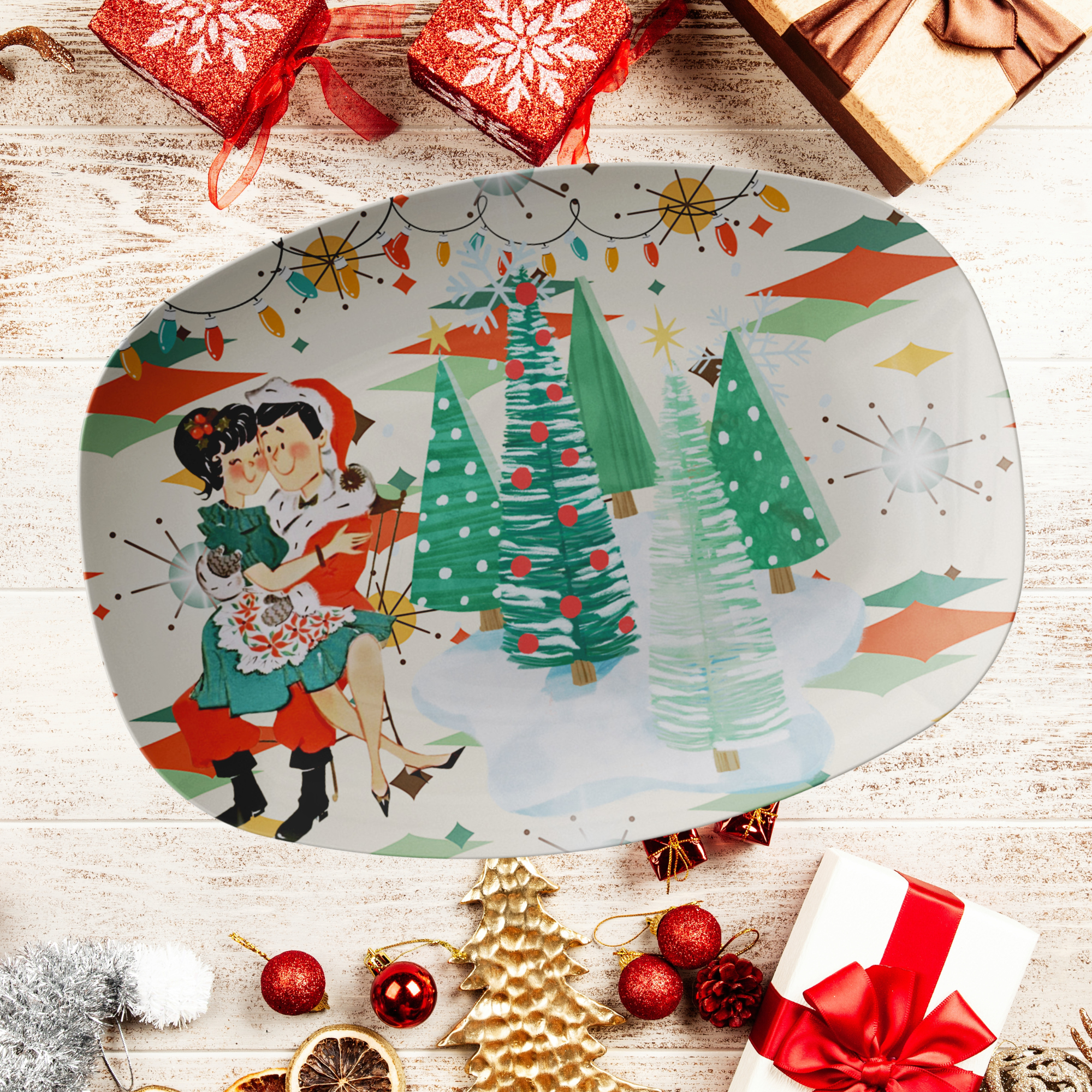 Mid Century Modern Christmas Platter, Kitschy 50s Couple, Franciscan Starburst - Mid Century Modern Gal