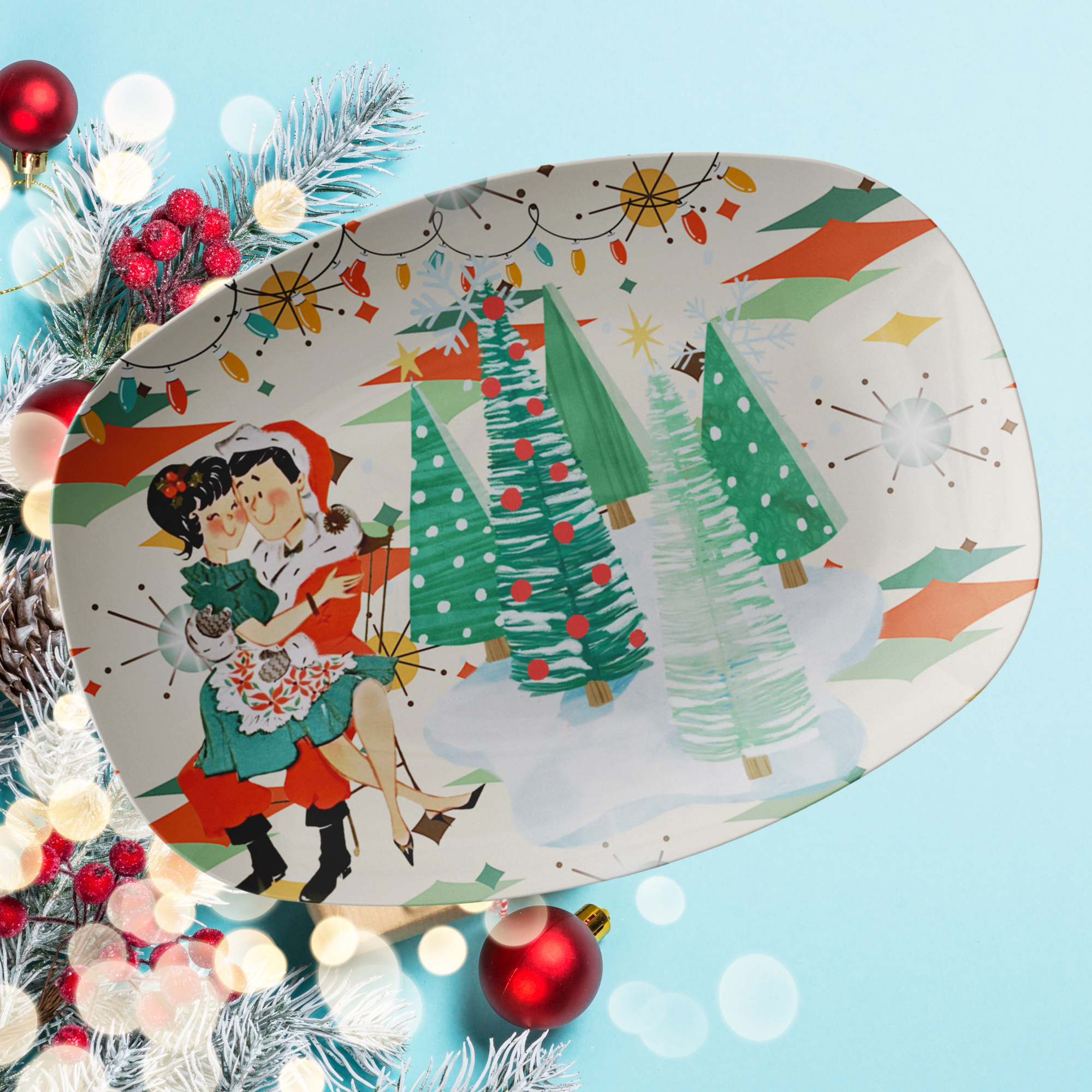 Mid Century Modern Christmas Platter, Kitschy 50s Couple, Franciscan Starburst - Mid Century Modern Gal