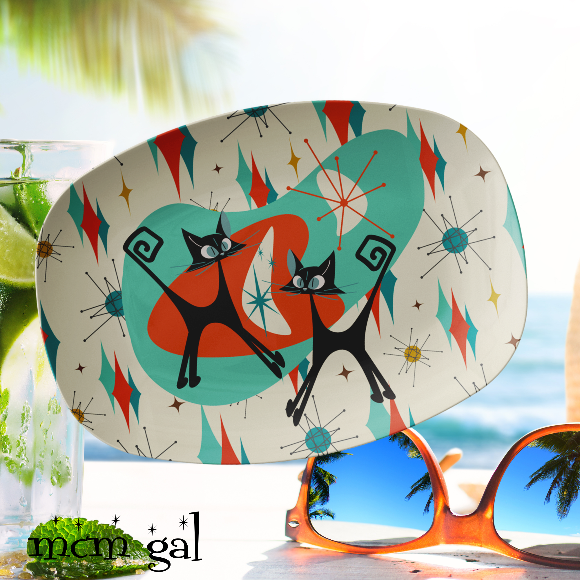 Atomic Cat Platter, Tini Time Cocktail Hour Mid Century Modern Barware Party Platter - Mid Century Modern Gal