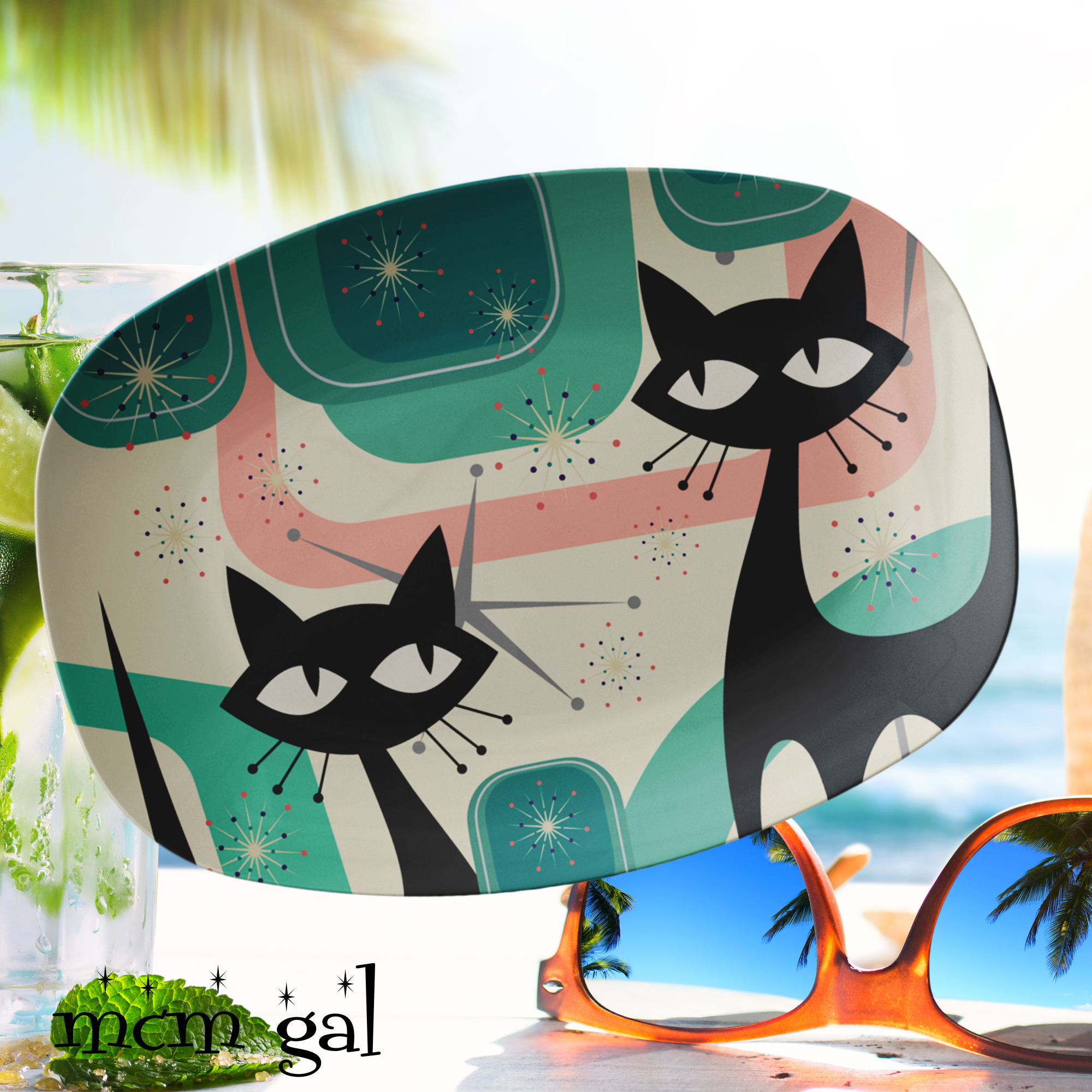 Mid Century Modern Party Platter With Atomic Cats, Starbursts, Geometric, Green, Pink Retro Outdoor Grilling Platter - Mid Century Modern Gal