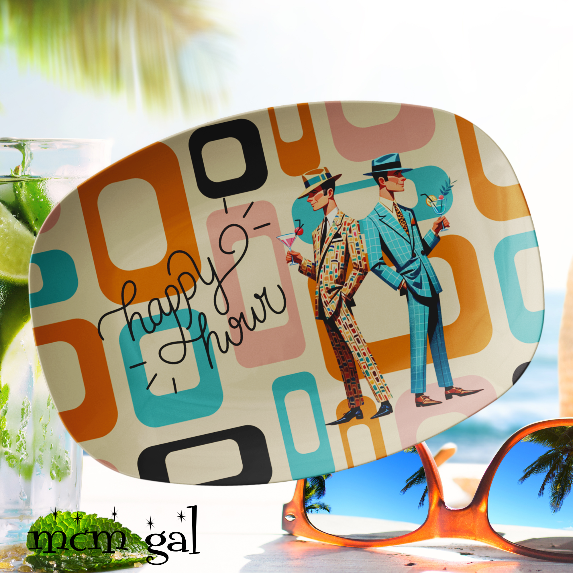 Mid Century Modern Gay Male Pride, Kitschy Fun Party Happy Hour Platter - Mid Century Modern Gal