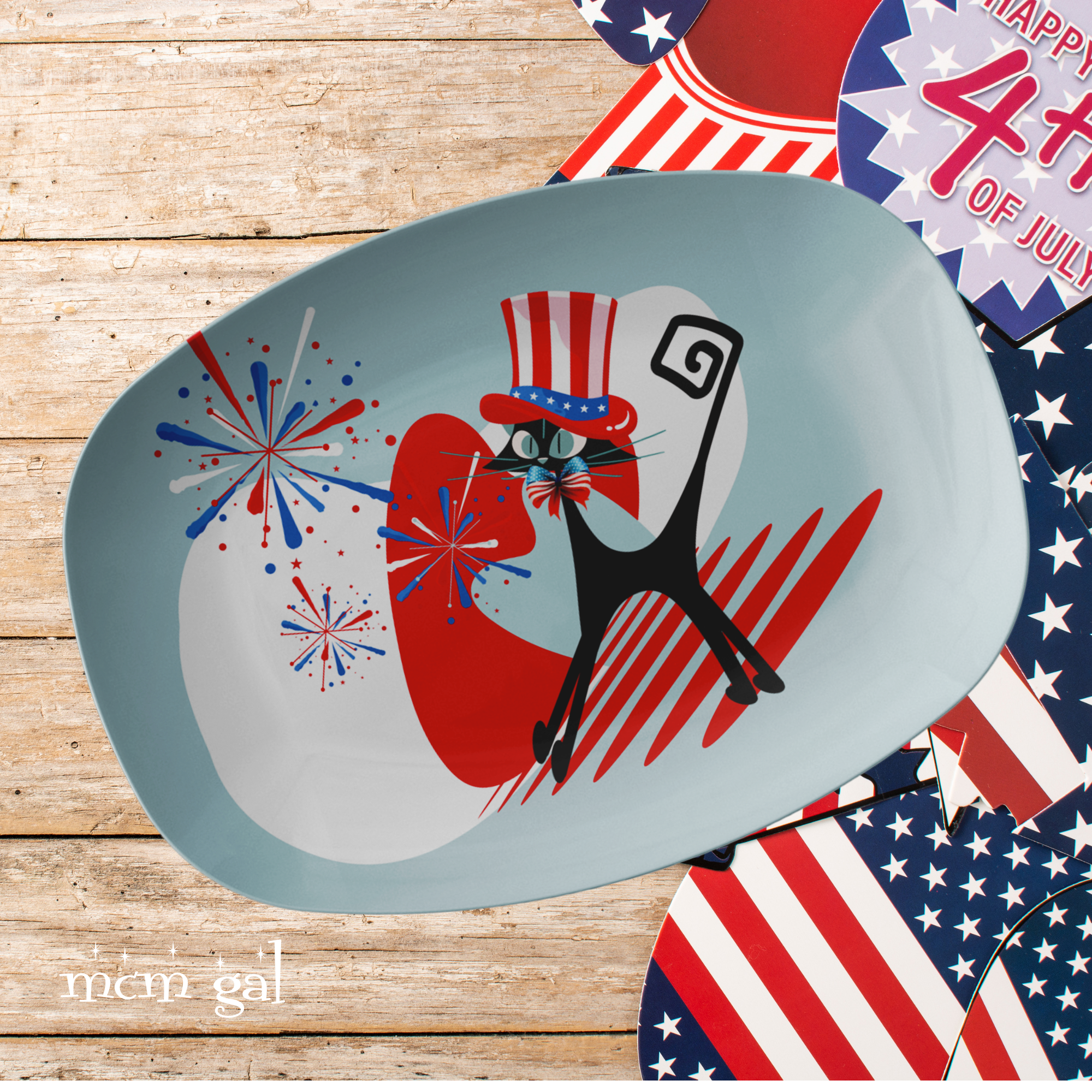 4th Of July BBQ Platter, Patriotic Atomic Kittie, Mid Mod Party Platter - Mid Century Modern Gal