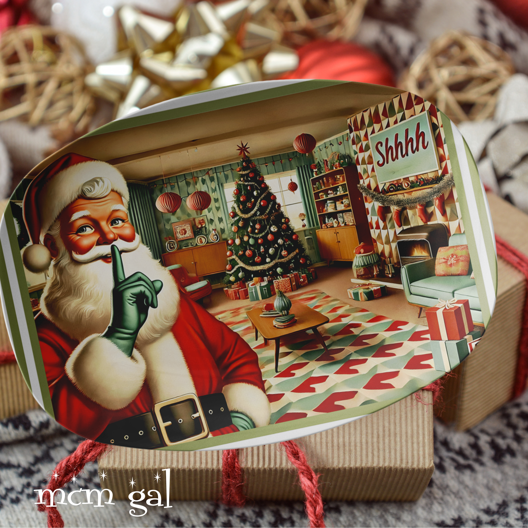 Vintage Santa Christmas Platter, Mid Century Modern Greeting Card Holiday Platter - Mid Century Modern Gal