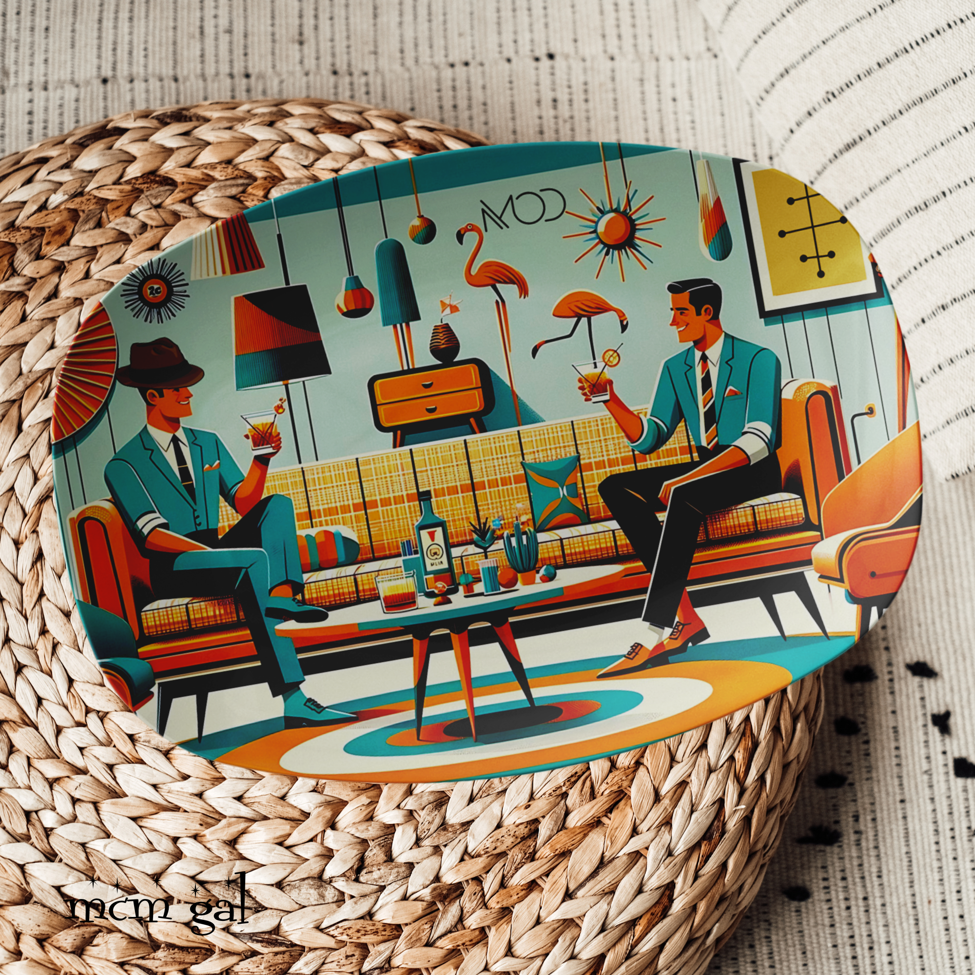LGBTQ Gift Platter, Male Mod Dapper Men, Bourbon Drinker, MCM Party Platter - Mid Century Modern Gal