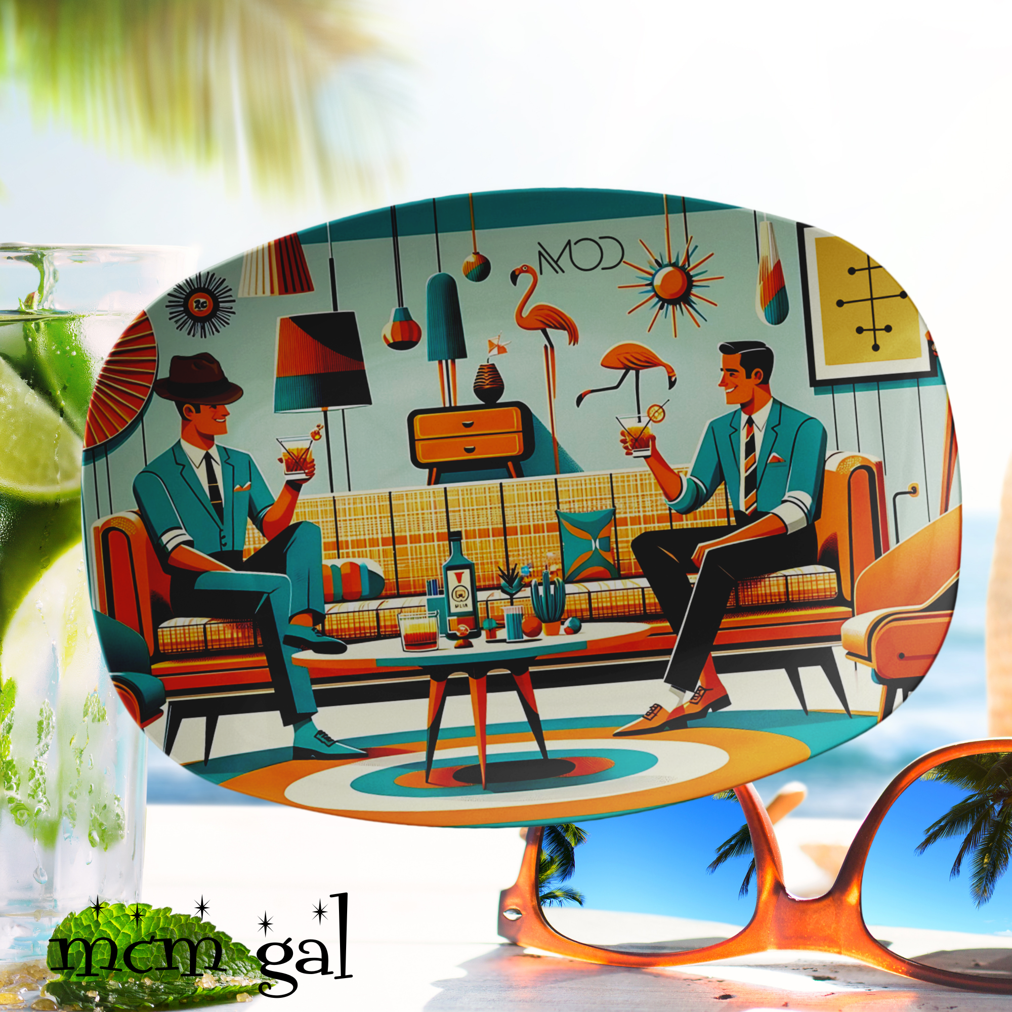 LGBTQ Gift Platter, Male Mod Dapper Men, Bourbon Drinker, MCM Party Platter - Mid Century Modern Gal