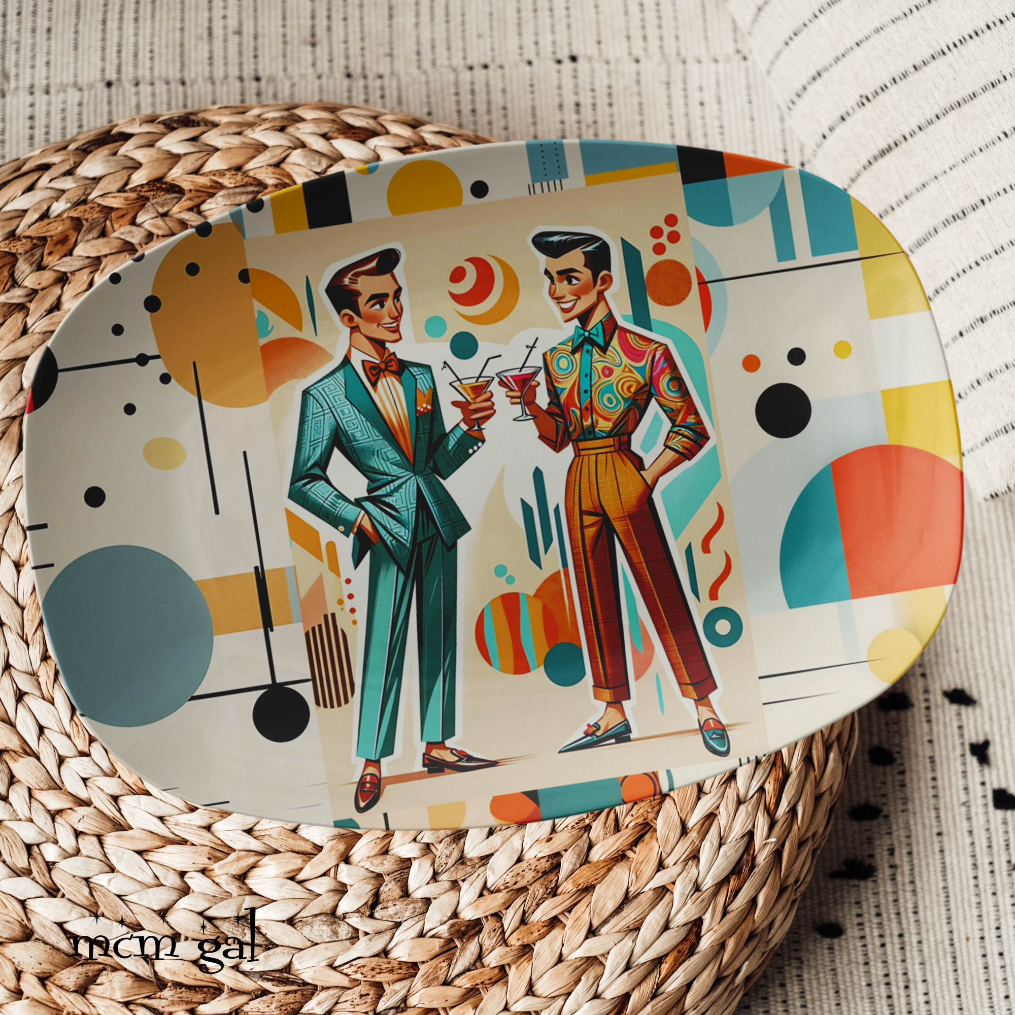 Mid Century Modern Bauhuas Mod Platter Featuring Dapper Dudes Having Cocktails - Mid Century Modern Gal