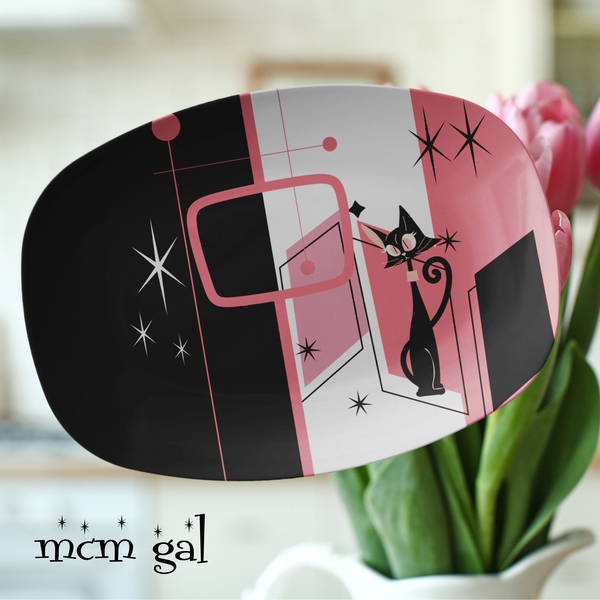 Atomic Kitchen Space Age Cats, Pink, Black, Kitschy Mid Century Mod Party Platter