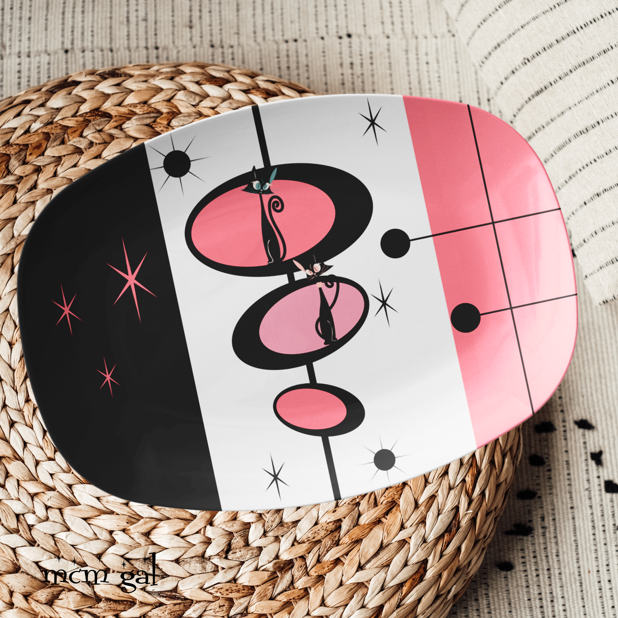 Atomic Cat Kitchen Mid Mod Party Platter, Black, Pink, White, Kitschy Retro Party Plate - Mid Century Modern Gal