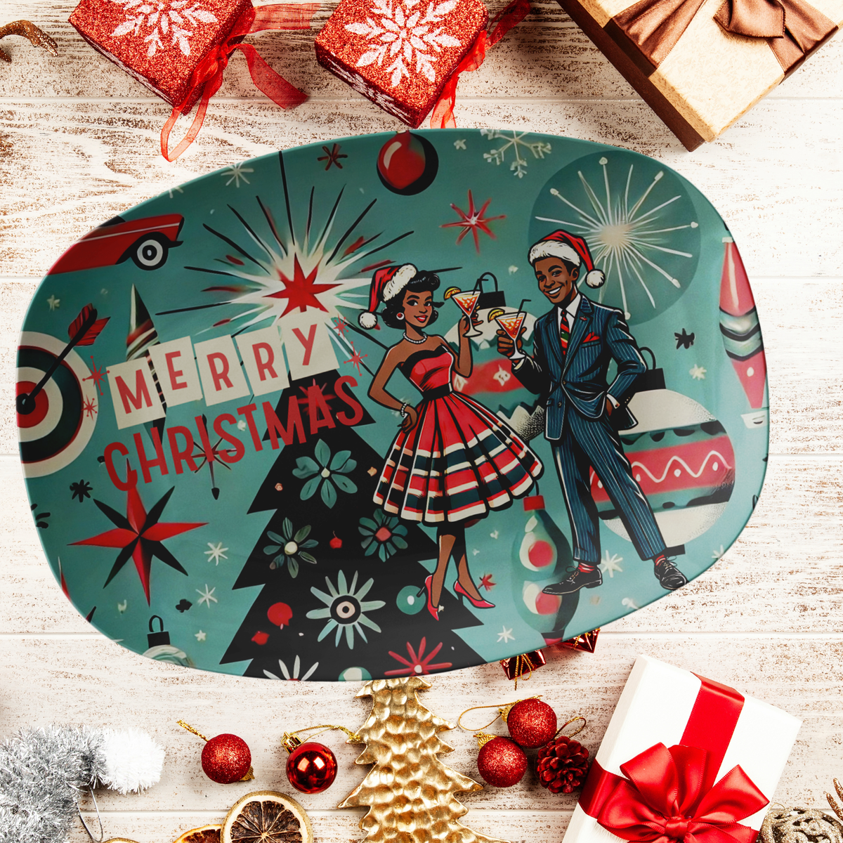 Mid Century Modern Christmas Party Platter, 50's Kitsch Black Couple Holiday Gifts - Mid Century Modern Gal