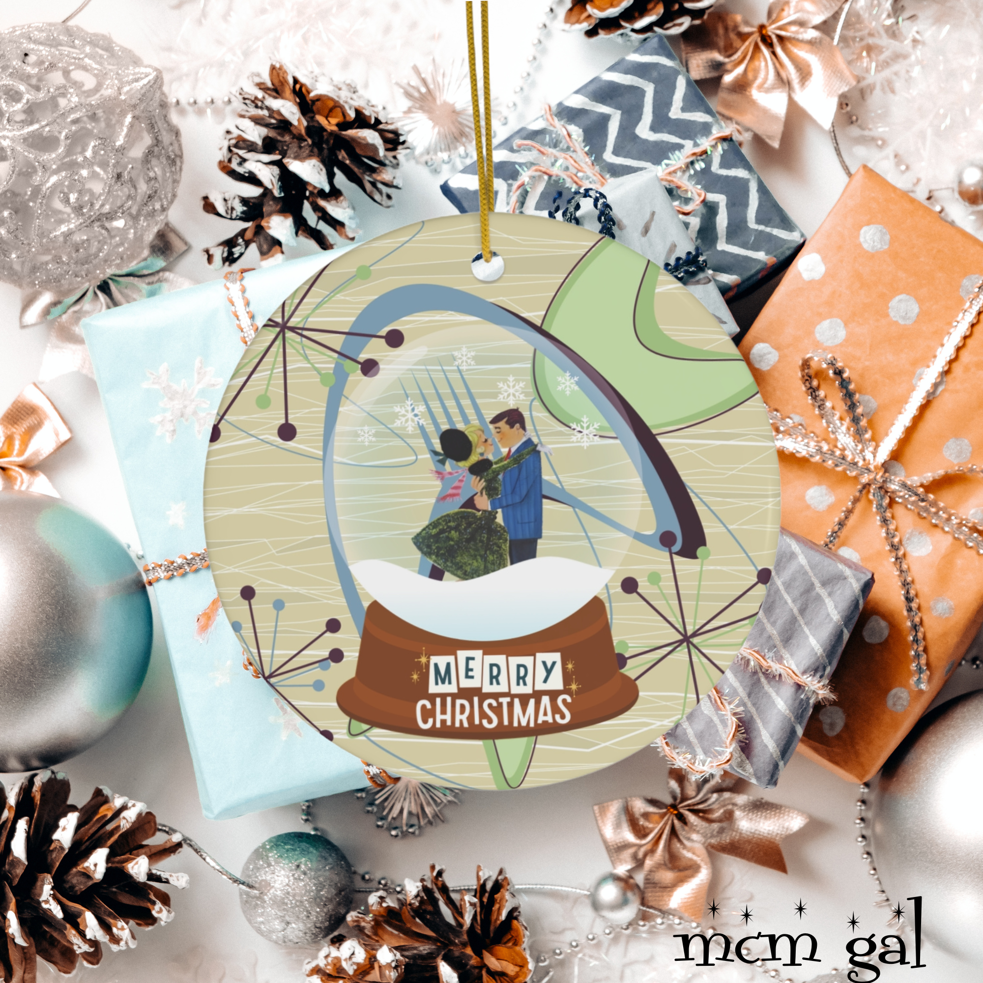 Mid Century Modern Designed Snow Globe, Kitschy Christmas Cermaic Ornament - Mid Century Modern Gal