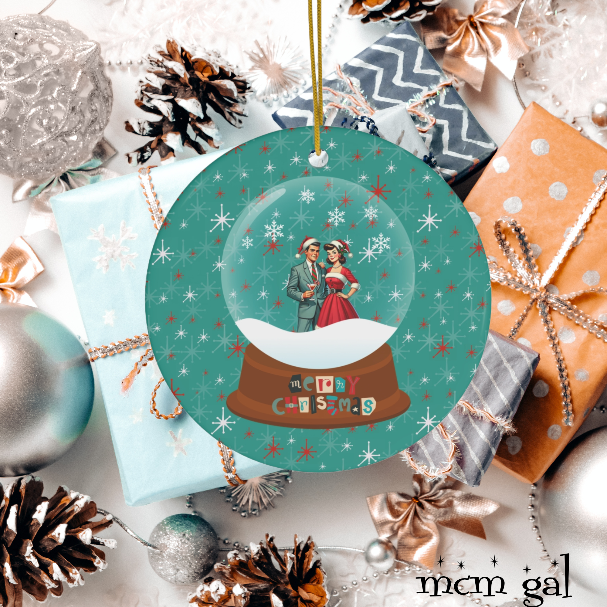 Mid Century Modern Couple, Christmas Kitschy Ceramic Ornament - Mid Century Modern Gal