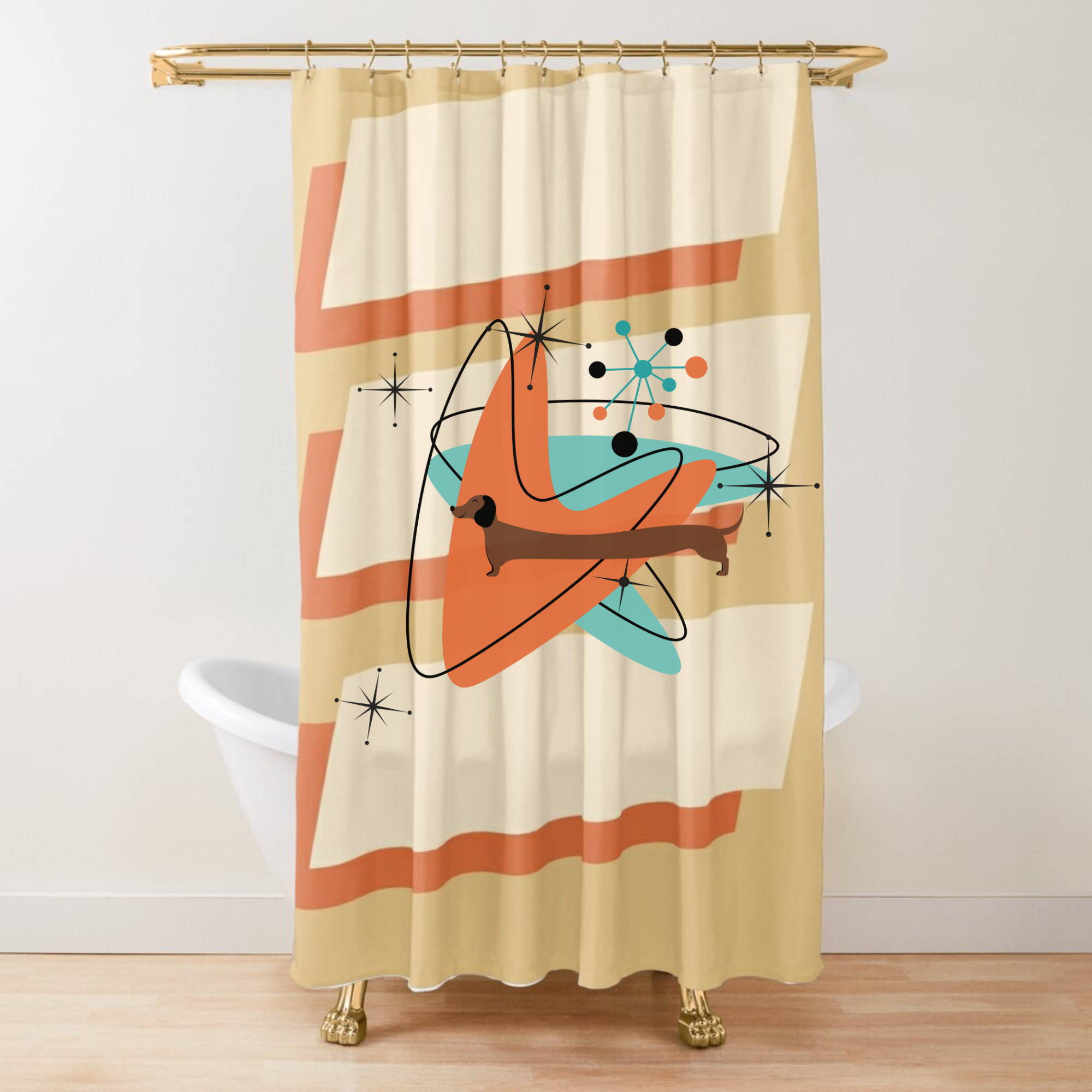 Doxie Dog Shower Curtain, Kitschy Mid Mod Retro Shower Curtain - Mid Century Modern Gal