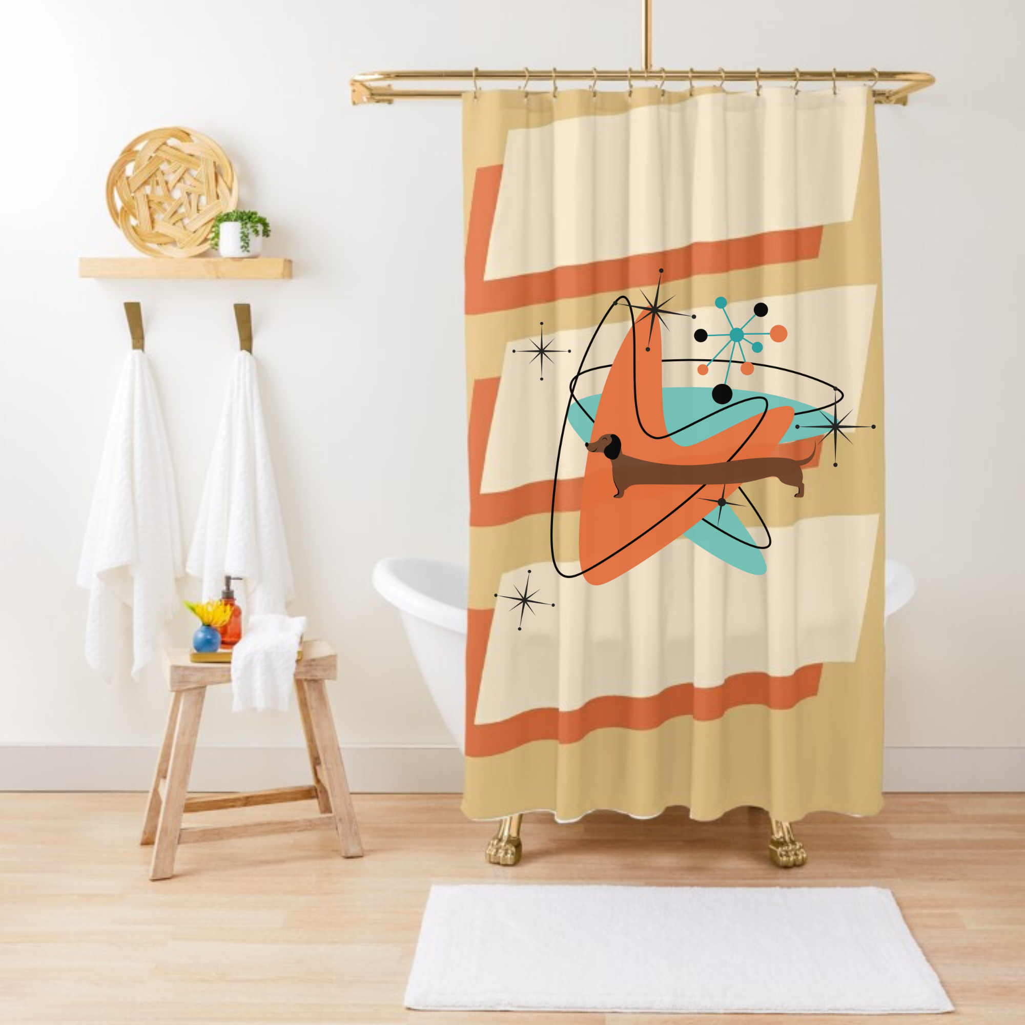 Doxie Dog Shower Curtain, Kitschy Mid Mod Retro Shower Curtain - Mid Century Modern Gal