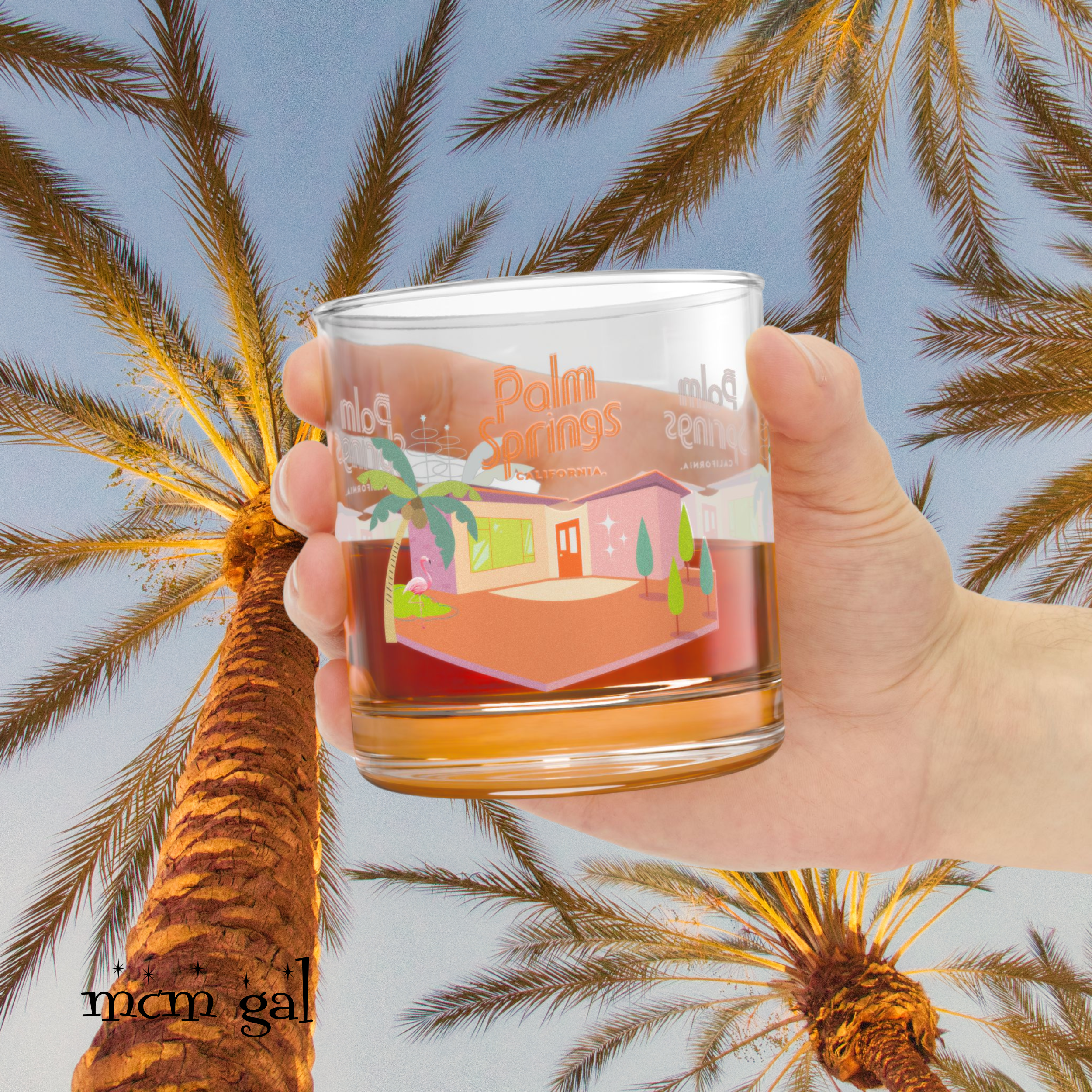 Palm Springs California Bourbon Lover Glass, Mid Mod Style - Mid Century Modern Gal