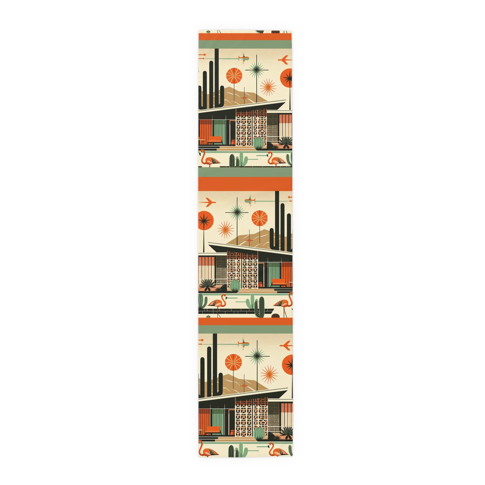 Mid Century Modern Palm Springs Cali, Green, Orange, Breezeblock, Flamingo MCM Home Table Runner - Mid Century Modern Gal