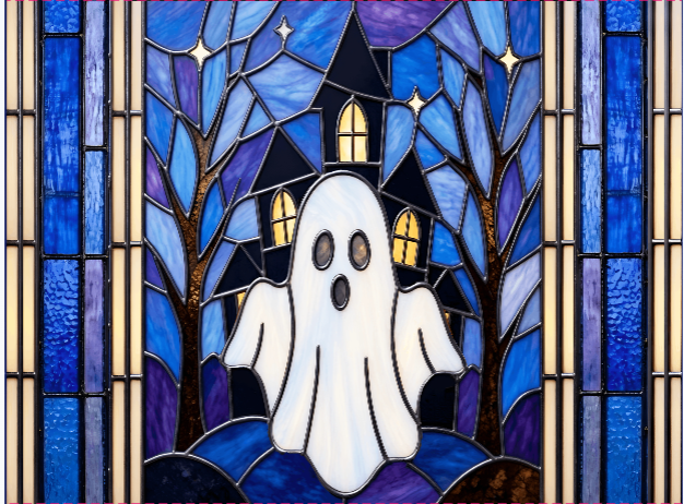 Halloween Stained Glass Style Ghost Haunted House Slim Floor Lamp SHADE ONLY - For Slim Floor Lamps Only