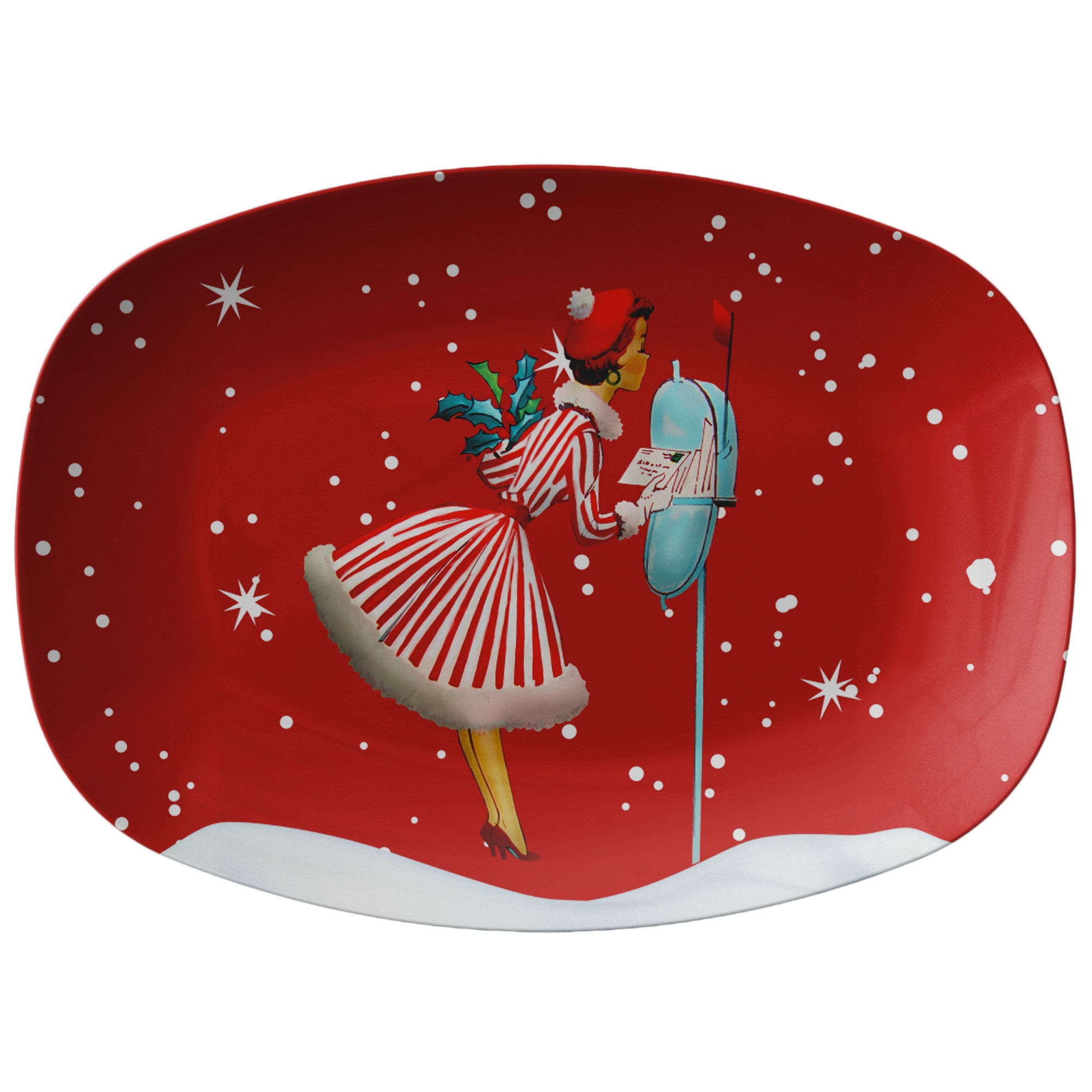 Holiday Kitschy Christmas Platter, Mid Century Modern Retro Vintage Red Christmas Table Setting - Mid Century Modern Gal
