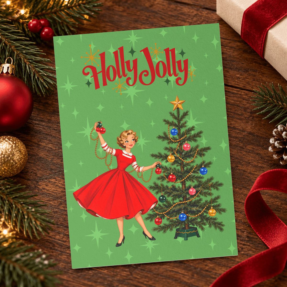 Mid Century Modern Gal Decorating Christmas Tree, Green Atomic Starbursts Flat Postcard Style Christmas Greeting Cards