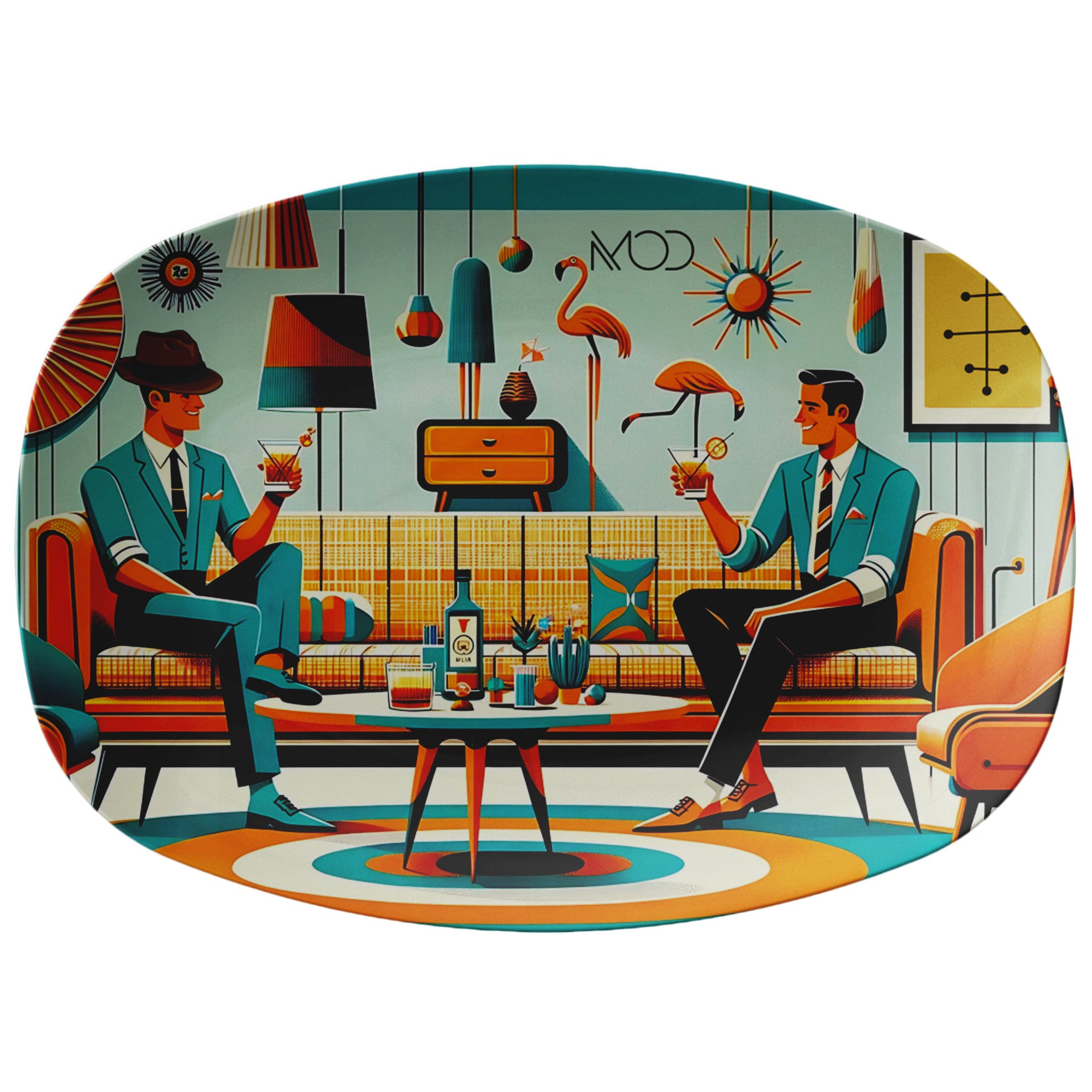 LGBTQ Gift Platter, Male Mod Dapper Men, Bourbon Drinker, MCM Party Platter - Mid Century Modern Gal