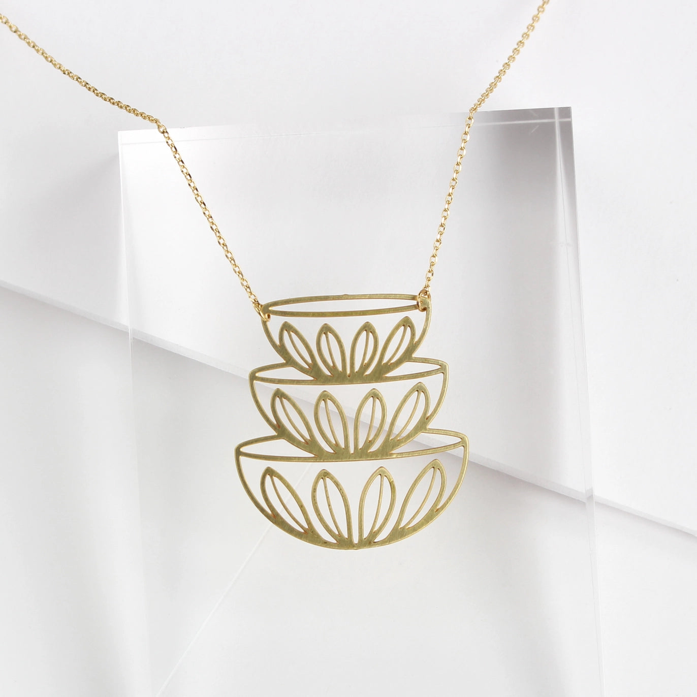 Retro Mid Century Modern Bowls Stacked Necklace | Cathrineholm Lotus Pattern - Gold - Mid Century Modern Gal