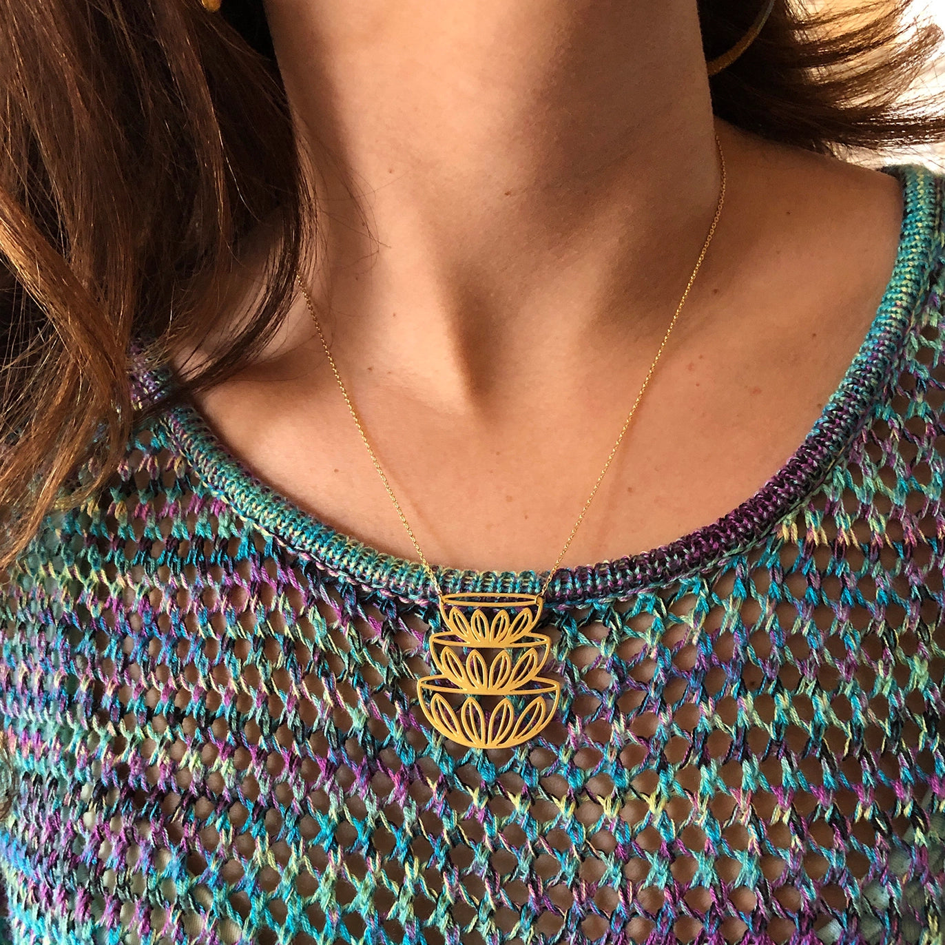 Retro Mid Century Modern Bowls Stacked Necklace | Cathrineholm Lotus Pattern - Gold - Mid Century Modern Gal