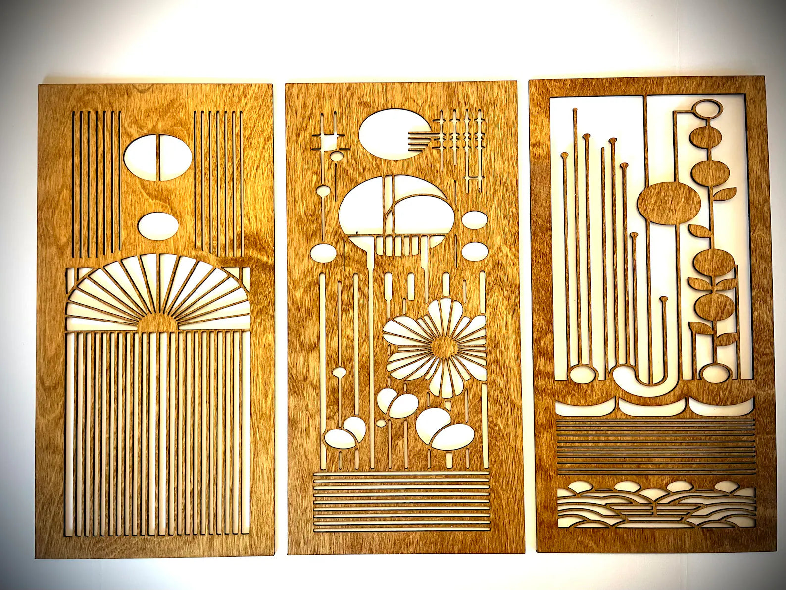 Mid Century Modern Boho Floral Landscape 3-Panel Wood Wall Art, Set C