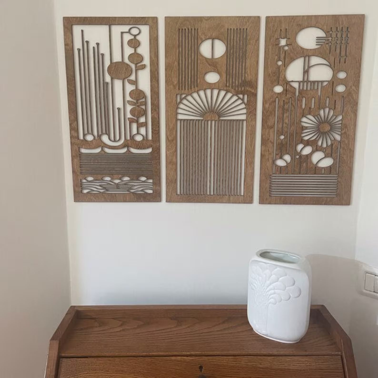 Mid Century Modern Boho Floral Landscape 3-Panel Wood Wall Art, Set C