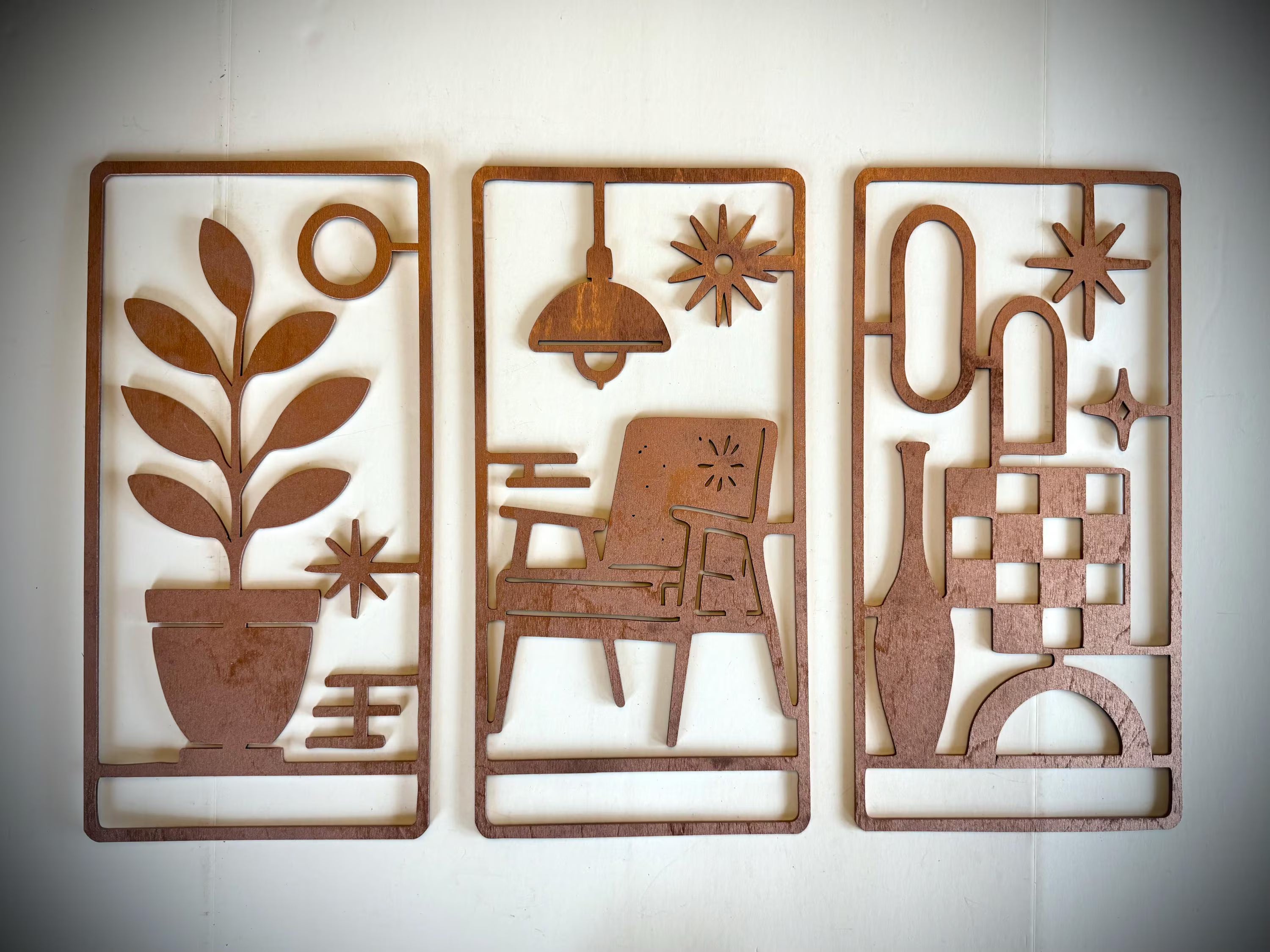 Mid Century Modern Boho Still Life 3-Panel Wood Wall Art, Set L