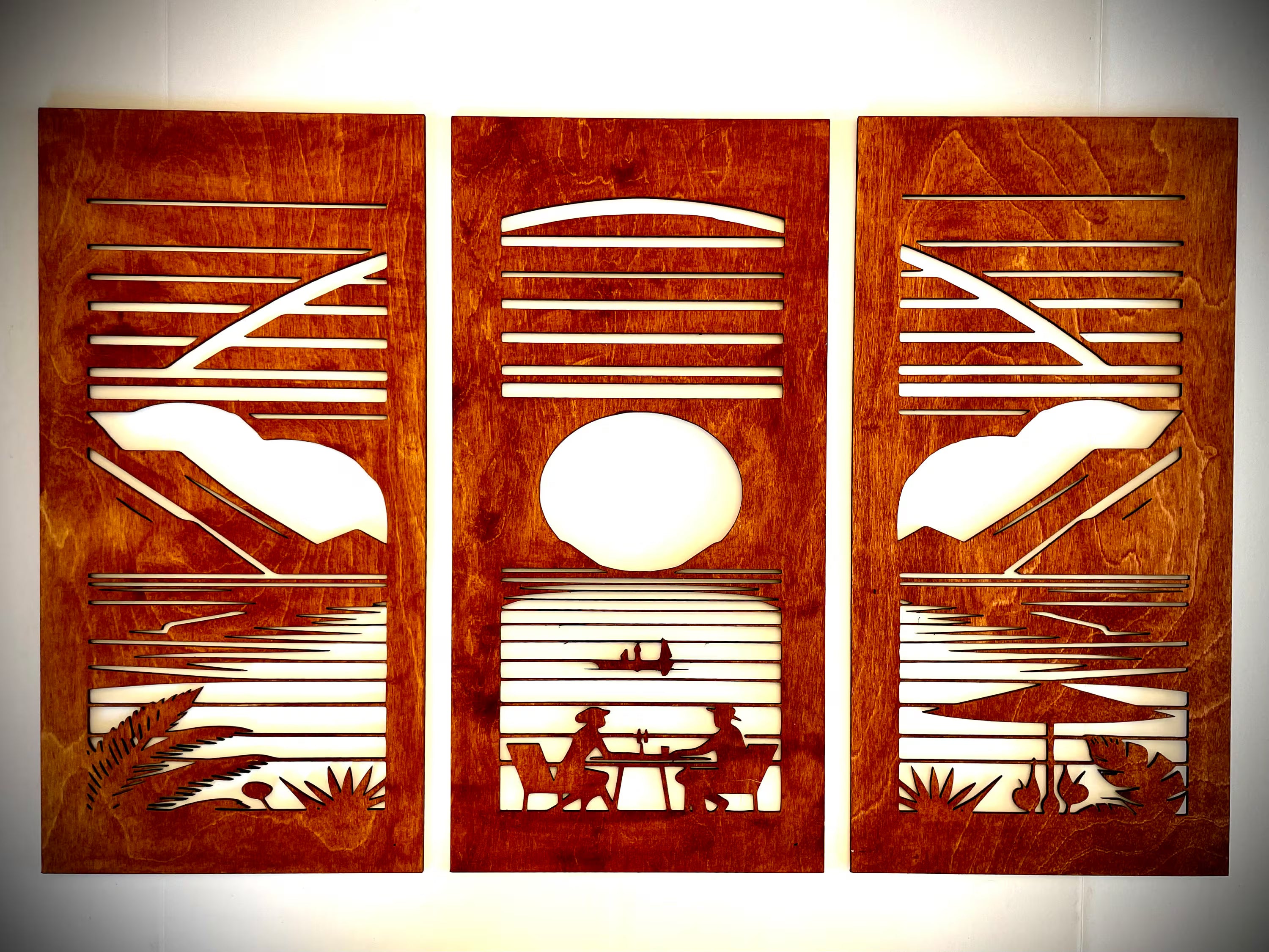 Mid Century Modern Boho Waterfront 3-Panel Wood Wall Art, Set F