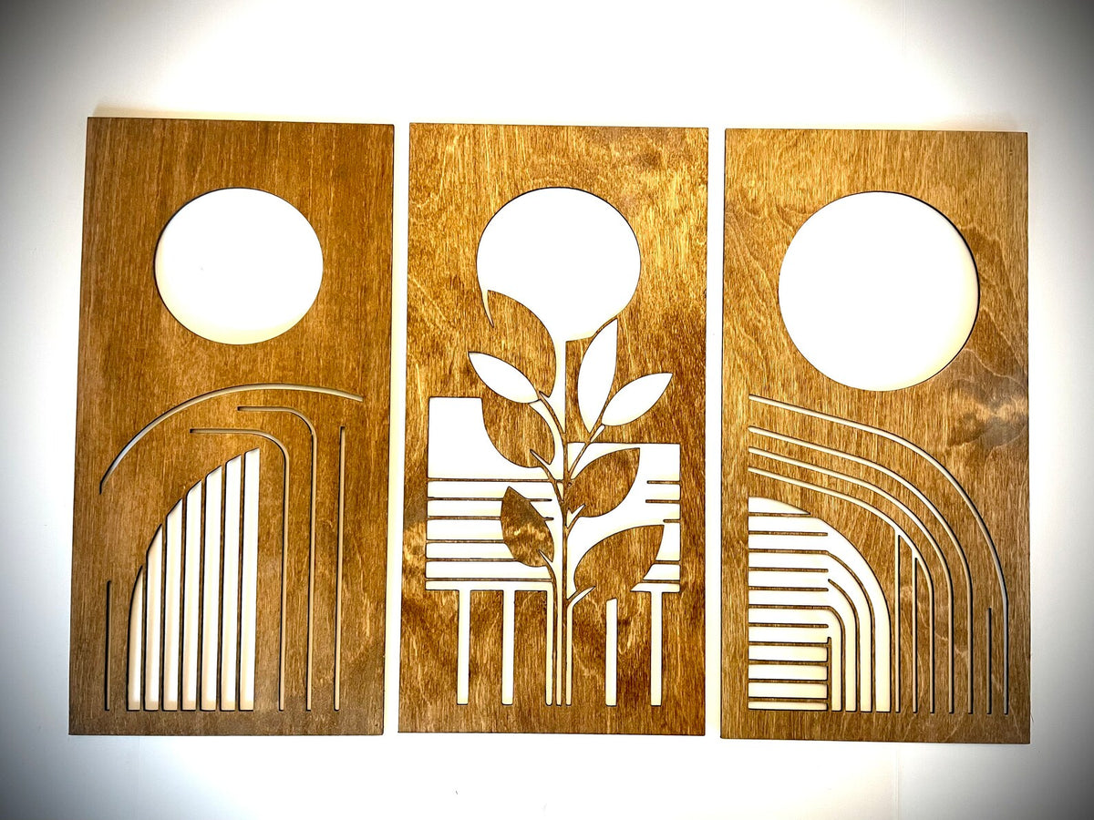 Mid Century Modern Floral Landscape 3-Panel Wood Wall Art, Set D - Mid Century Modern Gal