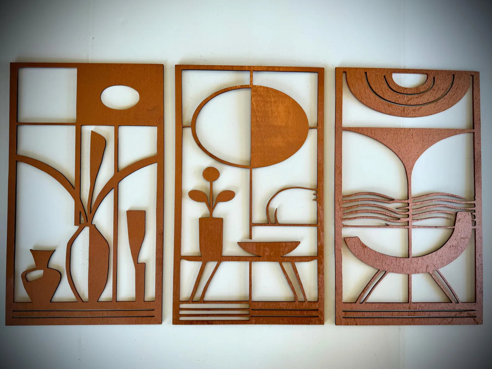 Mid Century Modern Interior Landscape 3-Panel Wood Wall Art, Set K