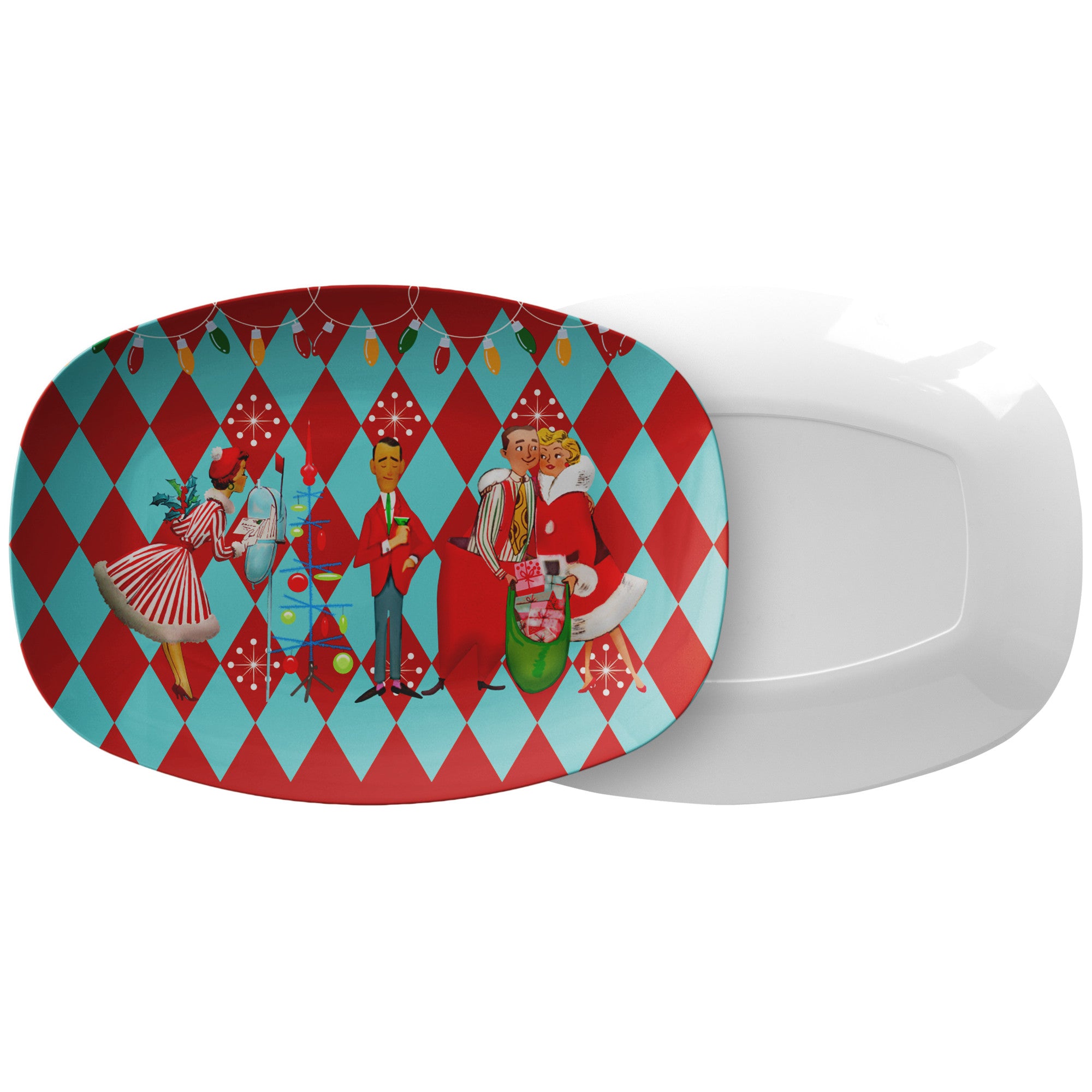 Mid Century Modern 50s Holiday Kitsch, Red, Aqua Vintage Christmas Table Party Platter - Mid Century Modern Gal
