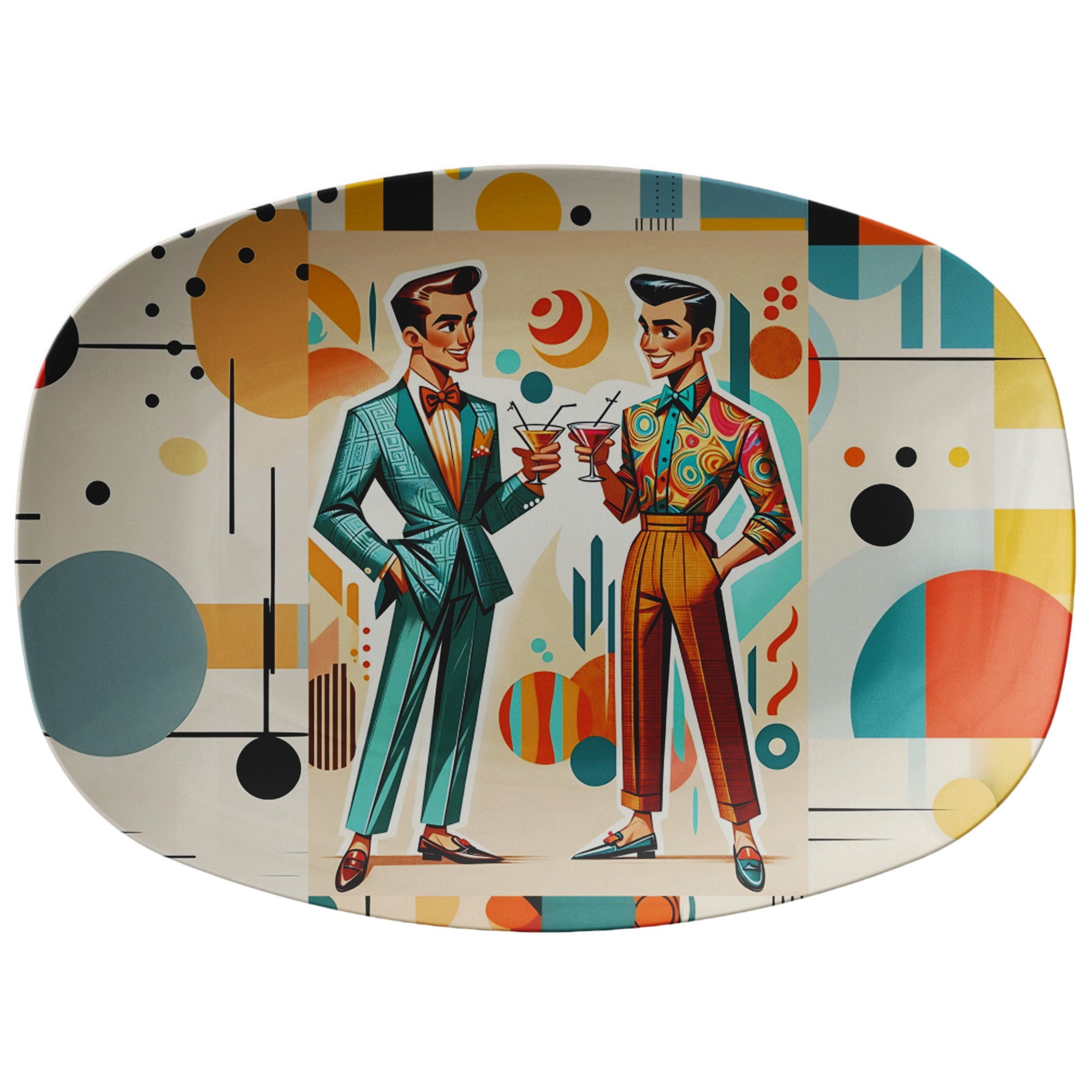 Mid Century Modern Bauhuas Mod Platter Featuring Dapper Dudes Having Cocktails - Mid Century Modern Gal