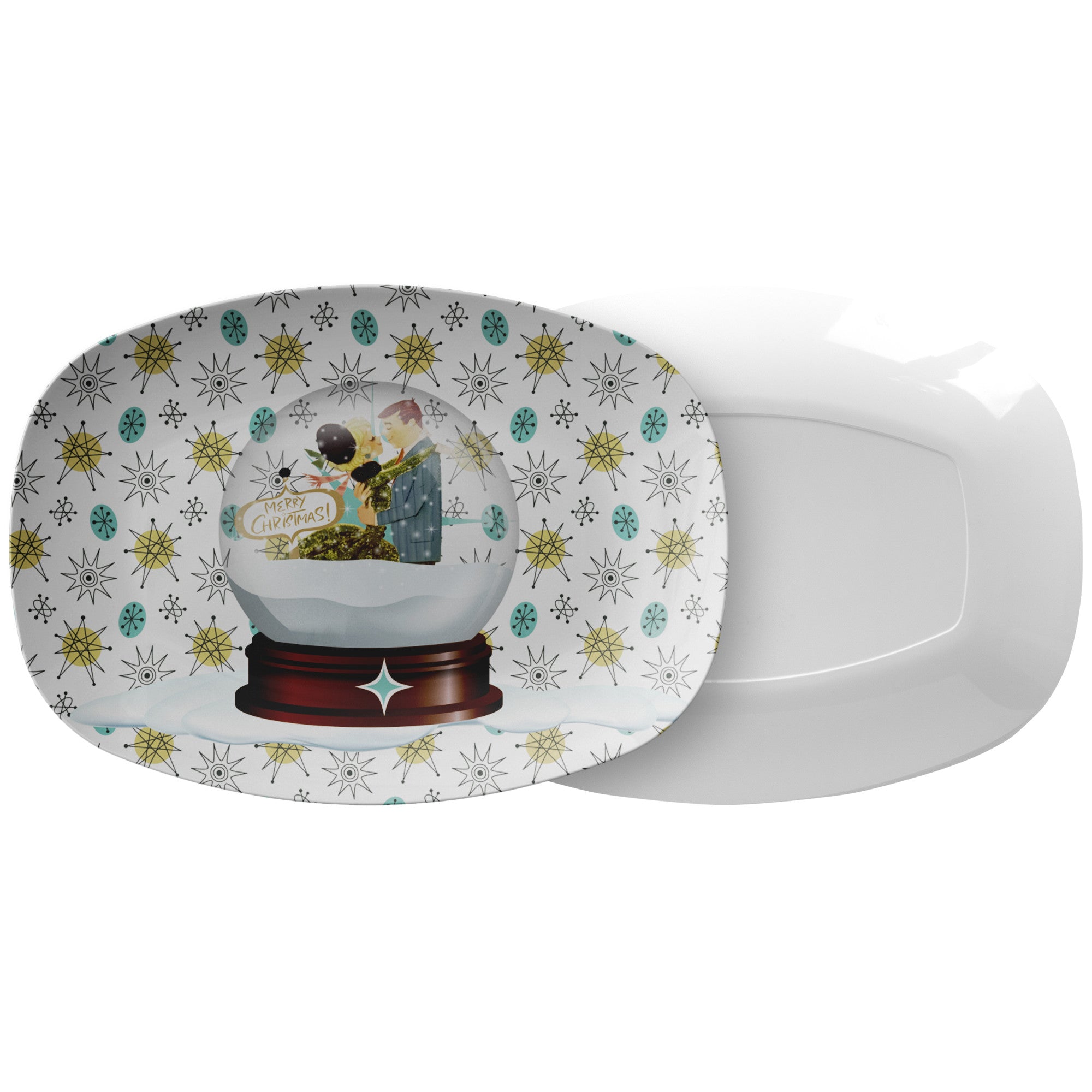 Mid Century Modern Christmas Platter, Franciscan Starburst, Kitschy Gifts, Snowglobe Mod Couple Gifts - Mid Century Modern Gal