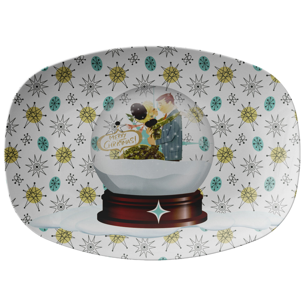 Mid Century Modern Christmas Platter, Franciscan Starburst, Kitschy Gifts, Snowglobe Mod Couple Gifts - Mid Century Modern Gal