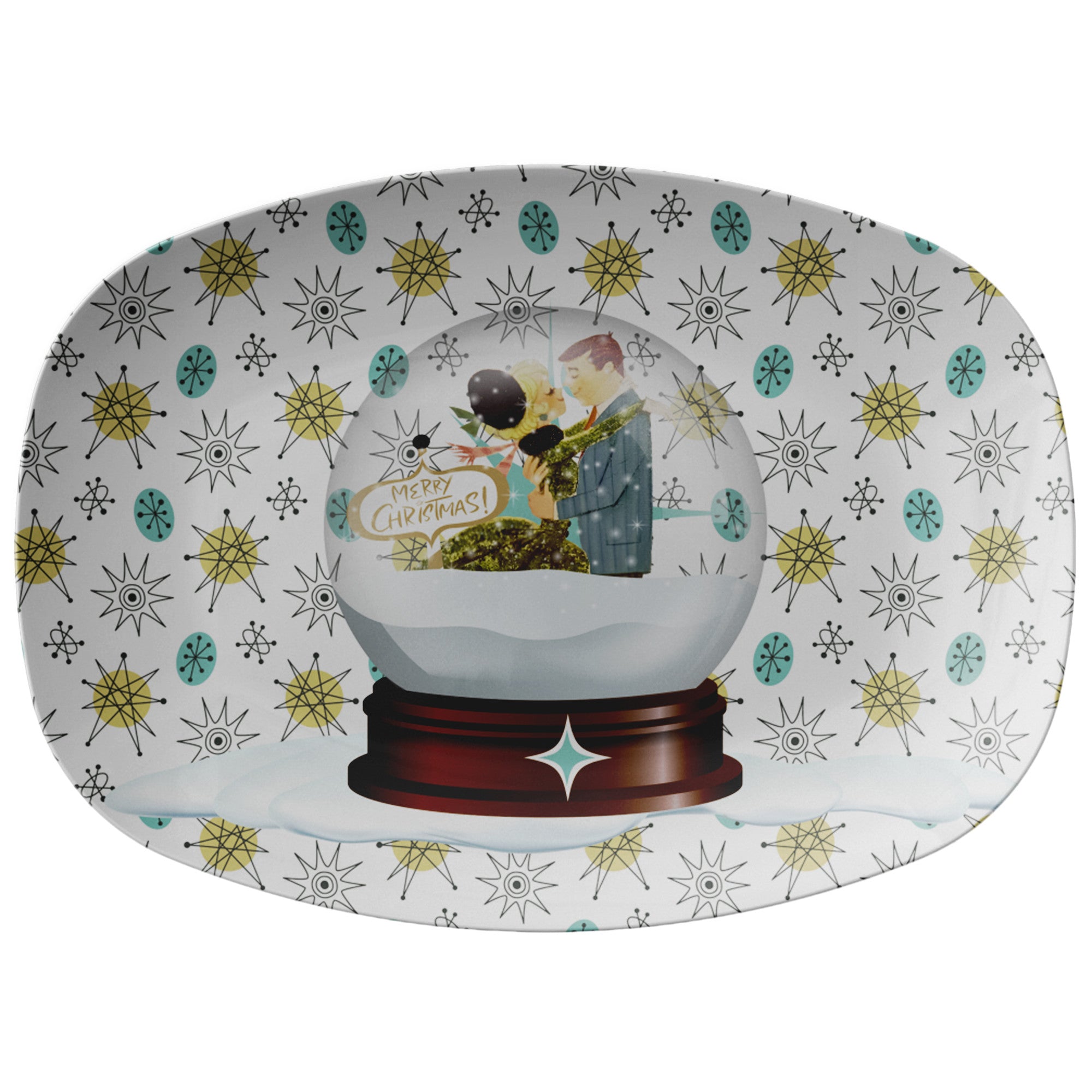 Mid Century Modern Christmas Platter, Franciscan Starburst, Kitschy Gifts, Snowglobe Mod Couple Gifts - Mid Century Modern Gal