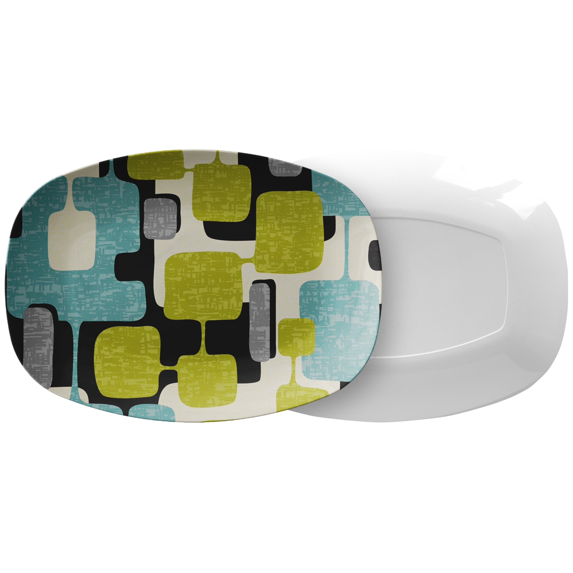 Mid Century Modern Party Platter, Geometric Aqua, Green, Charcoal Black, Gray MCM Dinnerware - Mid Century Modern Gal