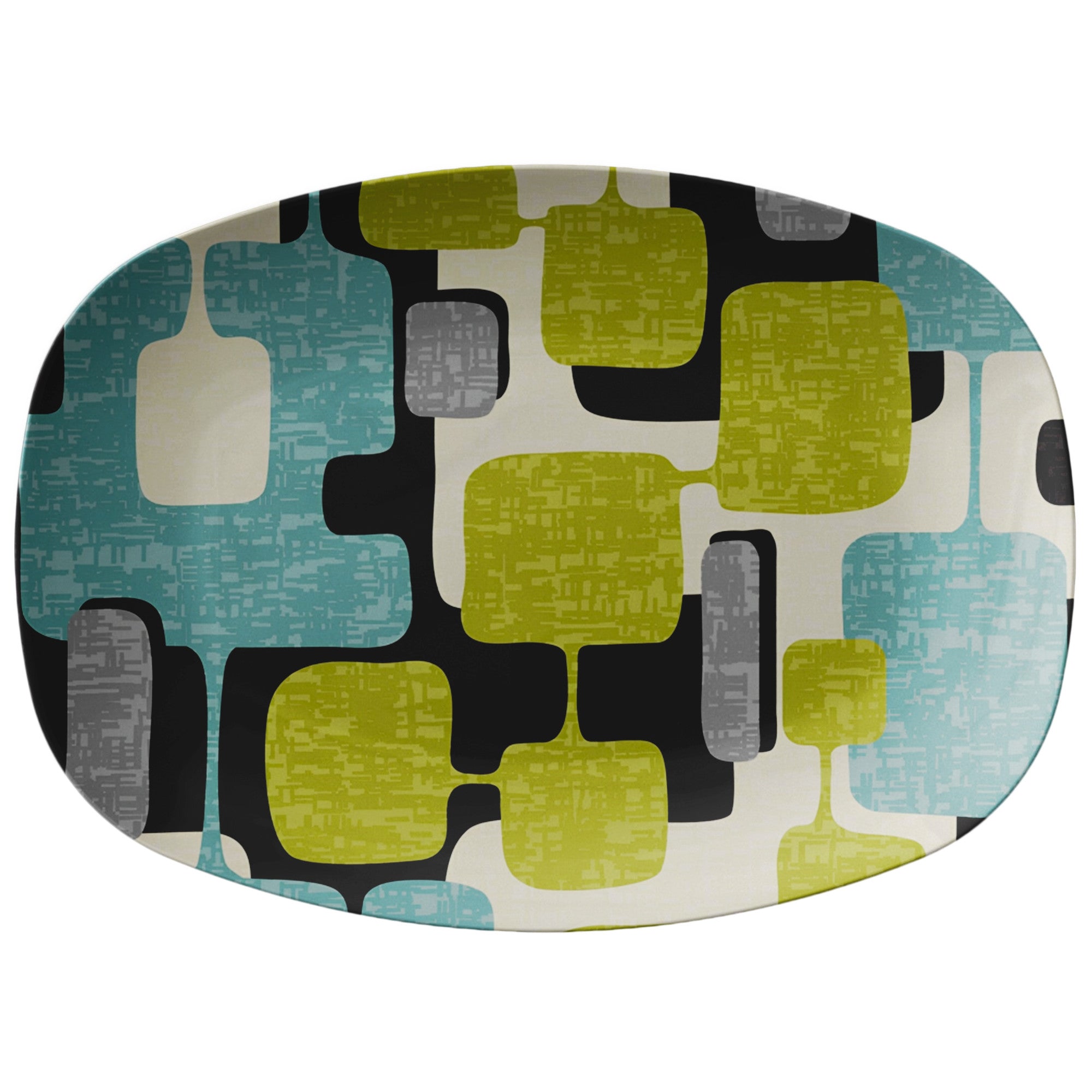 Mid Century Modern Party Platter, Geometric Aqua, Green, Charcoal Black, Gray MCM Dinnerware - Mid Century Modern Gal