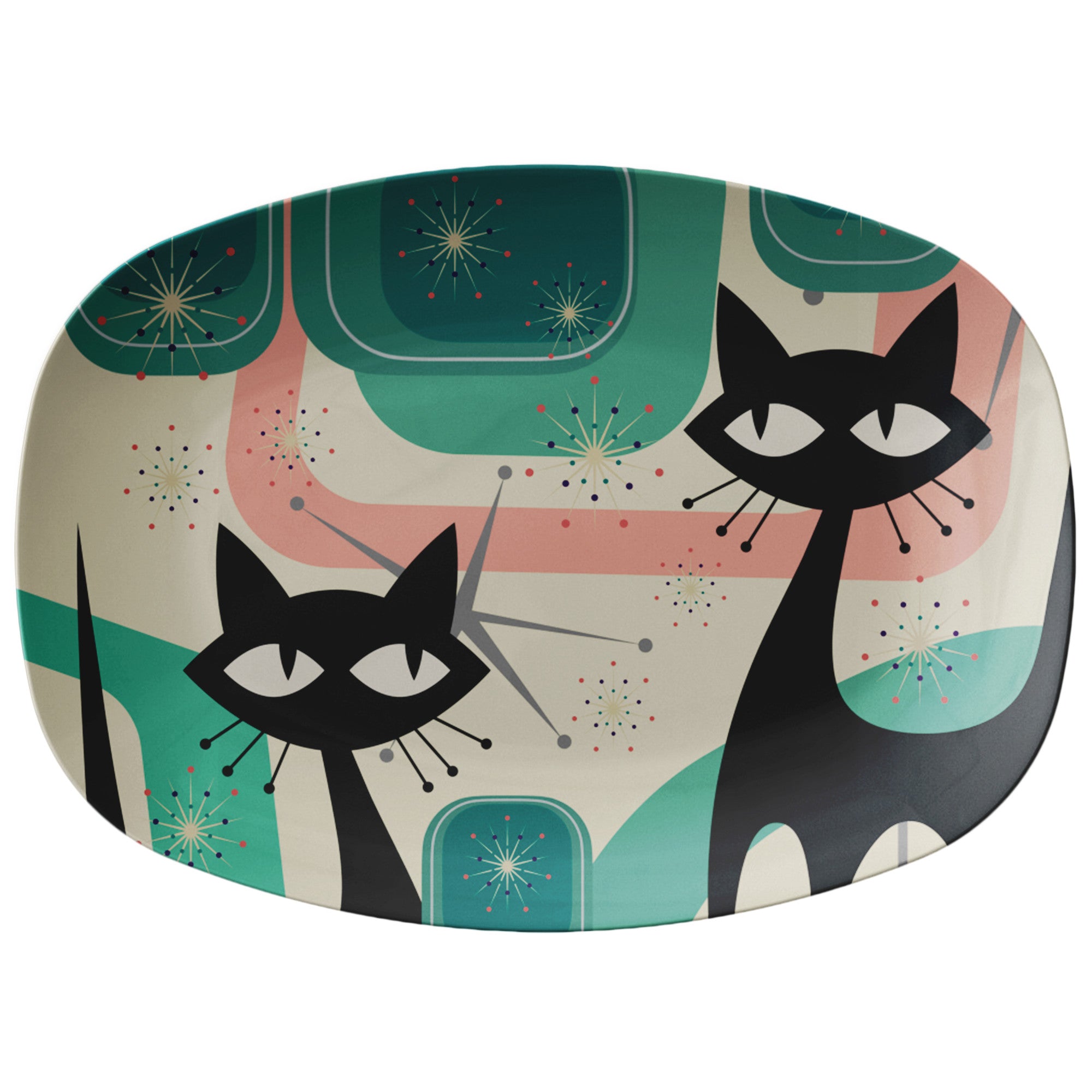 Mid Century Modern Party Platter With Atomic Cats, Starbursts, Geometric, Green, Pink Retro Outdoor Grilling Platter - Mid Century Modern Gal